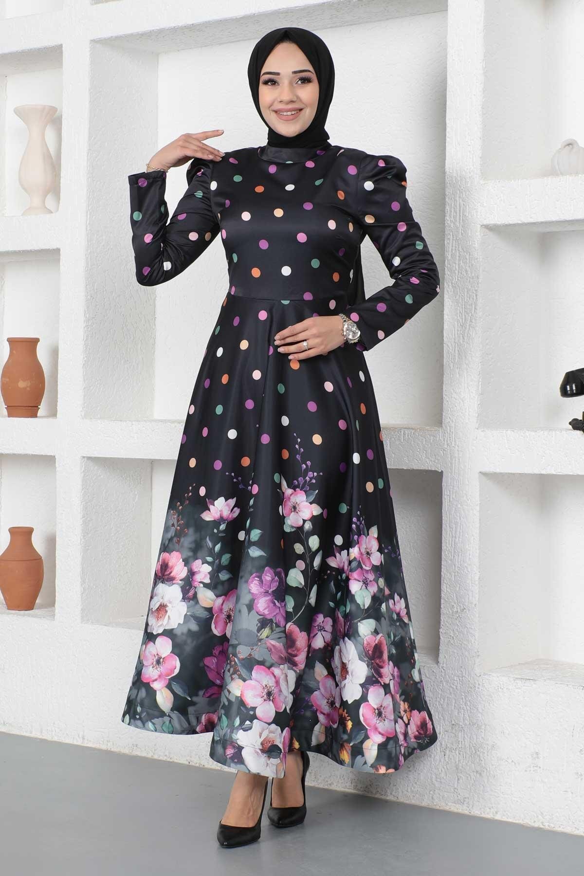 Modest Floral Polka Dot Satin Evening Dress - Black - Modamihram