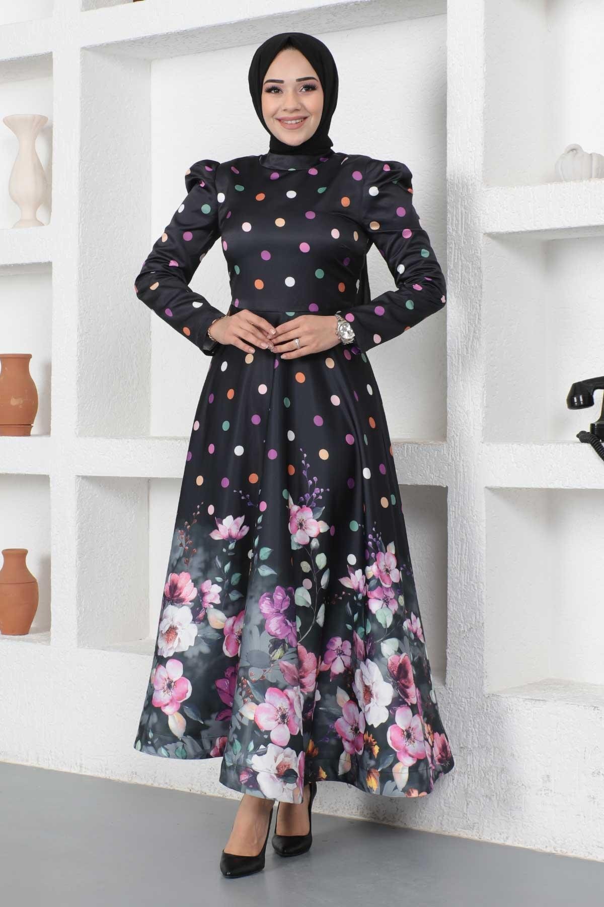 Modest Floral Polka Dot Satin Evening Dress - Black - Modamihram
