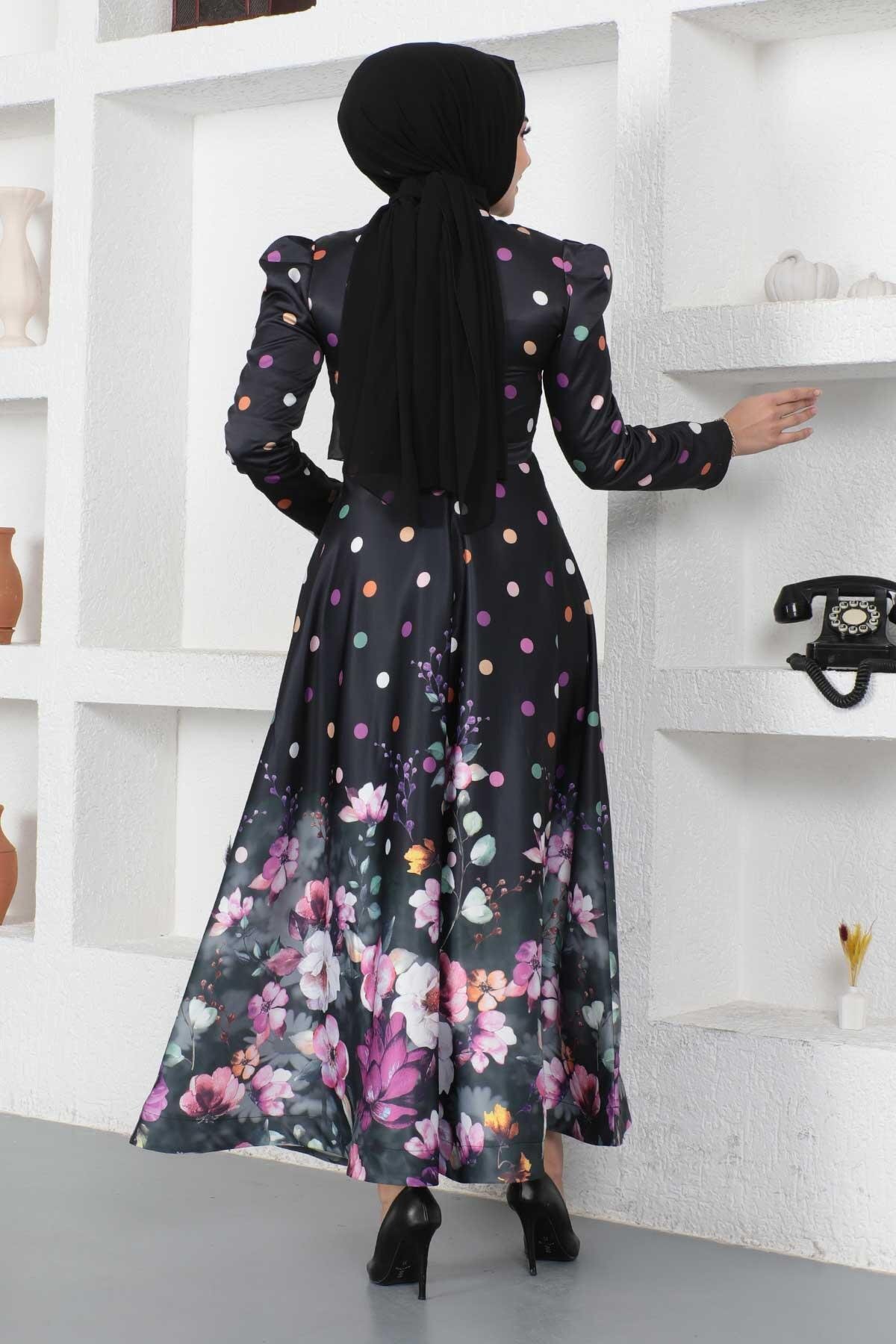 Modest Floral Polka Dot Satin Evening Dress - Black - Modamihram