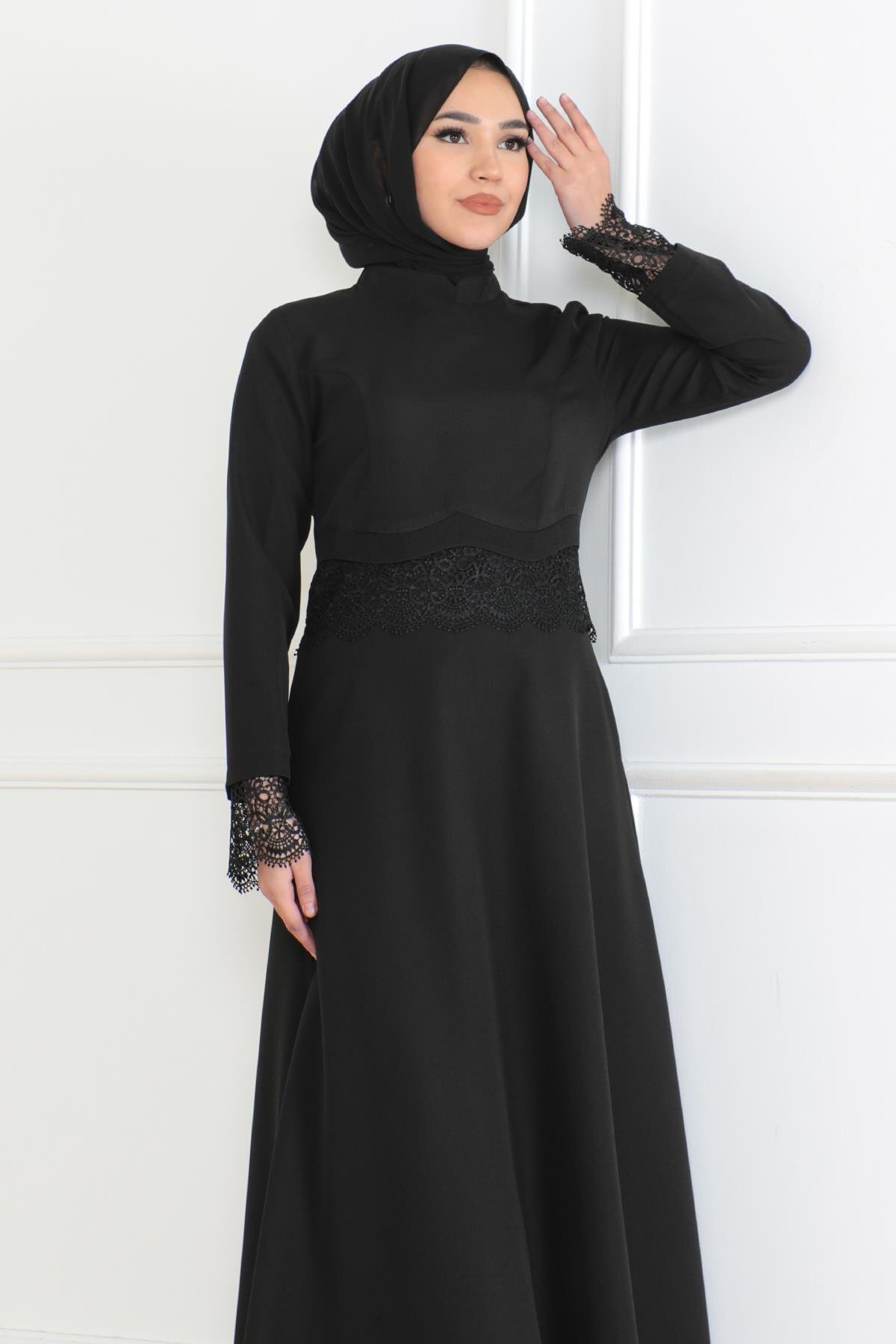 Lace-Detail Modest Dress - Black - Modamihram