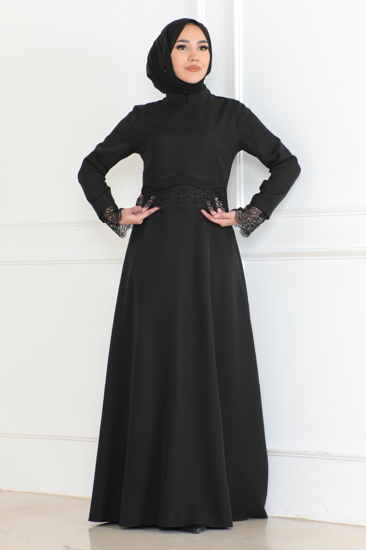 Lace-Detail Modest Dress - Black - Modamihram