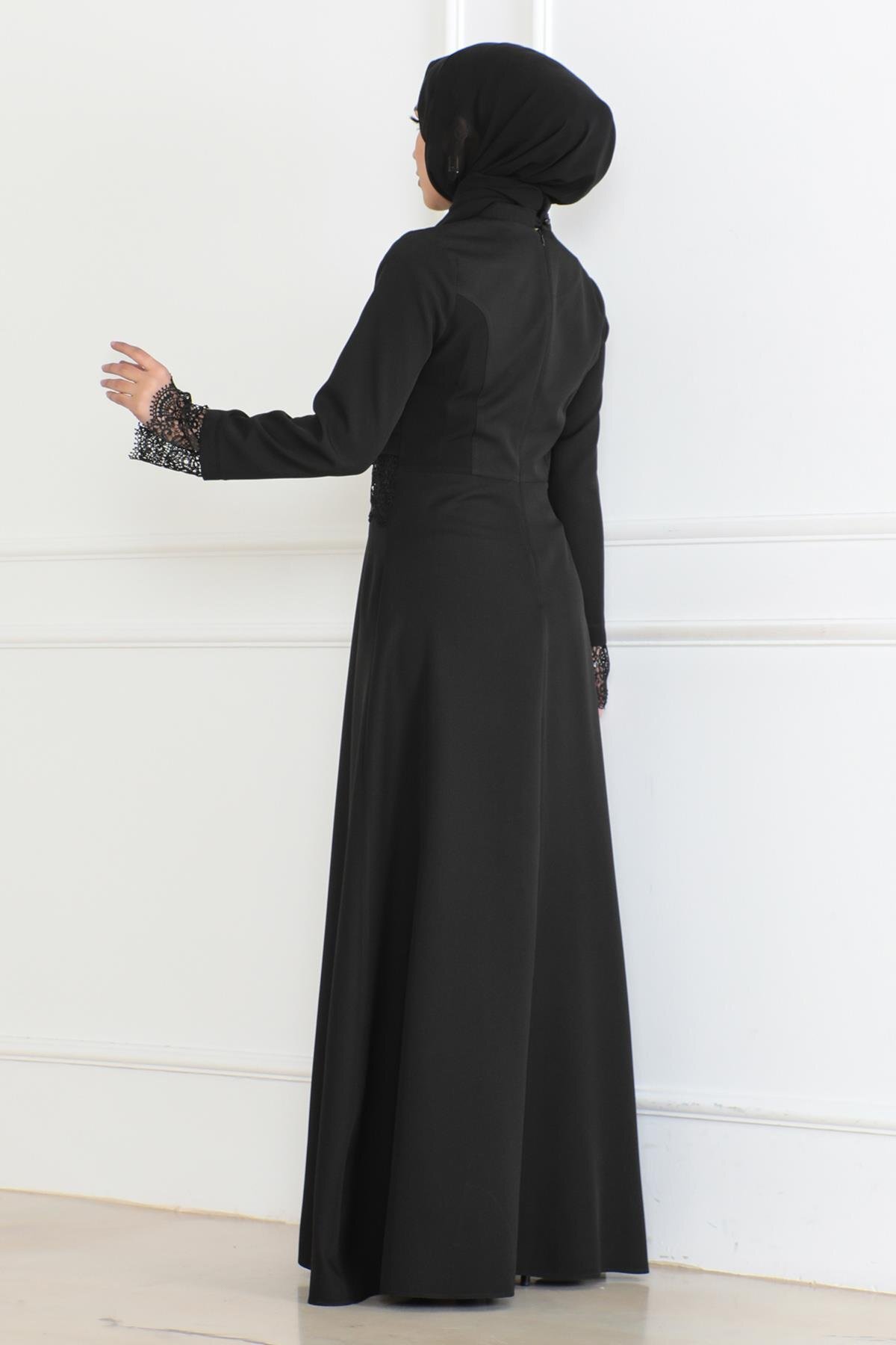Lace-Detail Modest Dress - Black - Modamihram