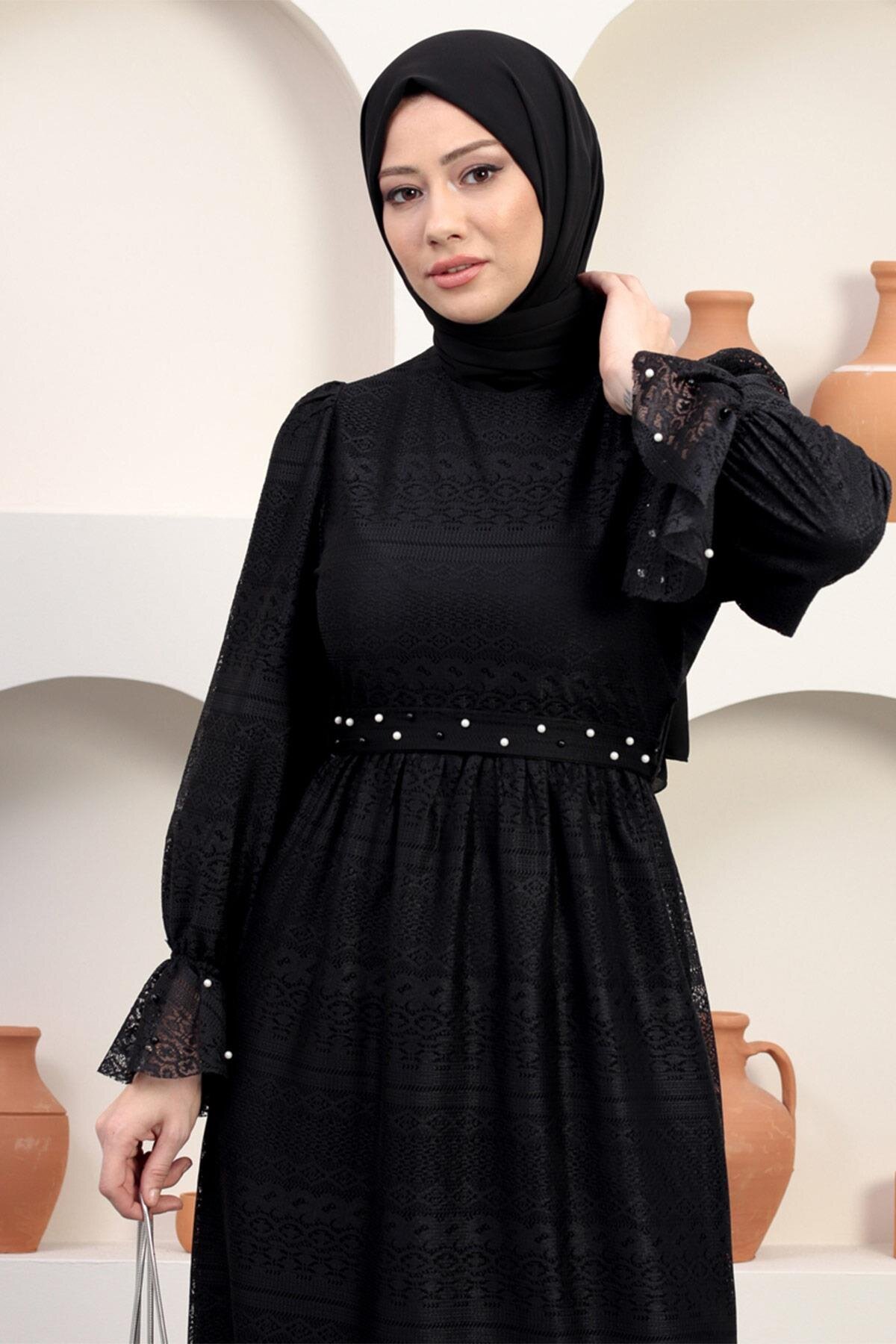 Modest Lace Pearl-Detail Evening Dress - Black - Modamihram