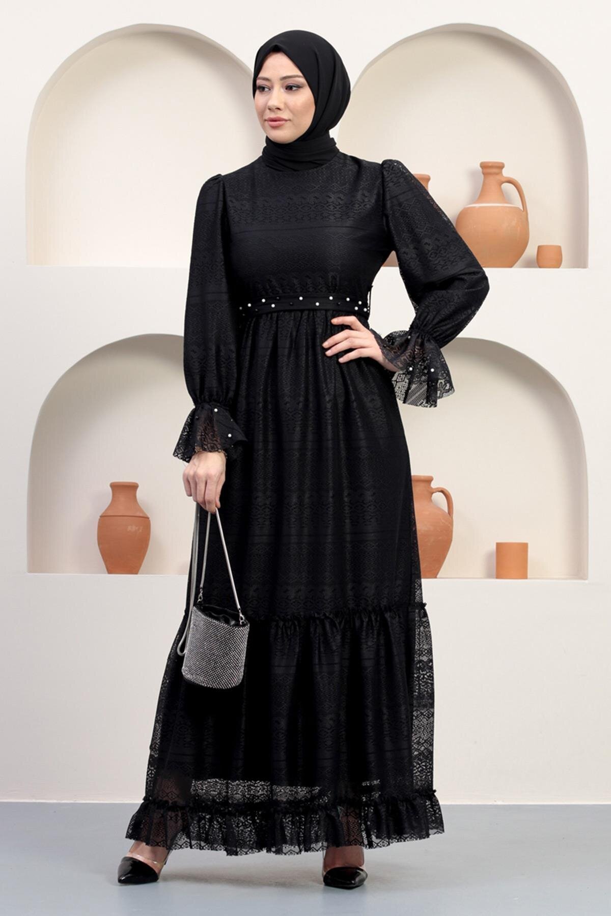 Modest Lace Pearl-Detail Evening Dress - Black - Modamihram