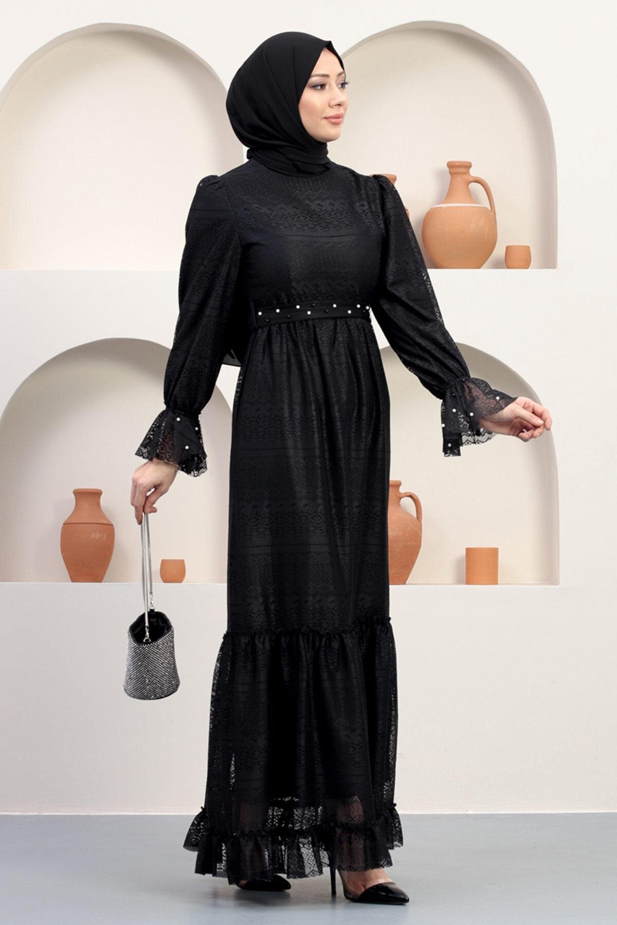 Modest Lace Pearl-Detail Evening Dress - Black - Modamihram