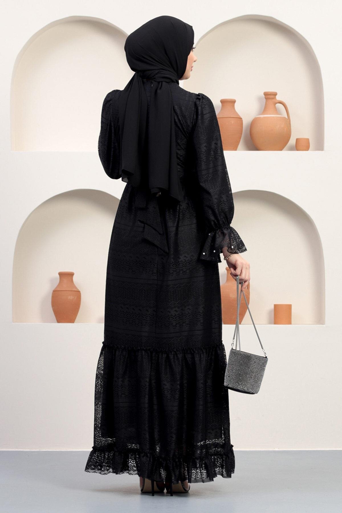 Modest Lace Pearl-Detail Evening Dress - Black - Modamihram
