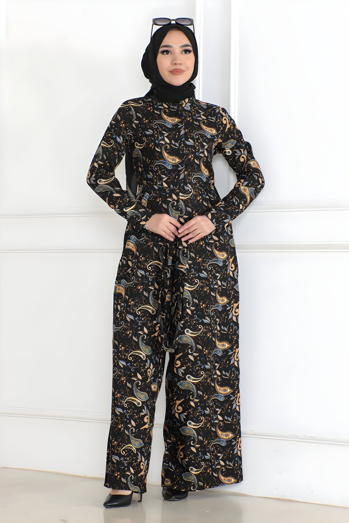 Siyah Desenli Tesettür Tulum - Modamihram