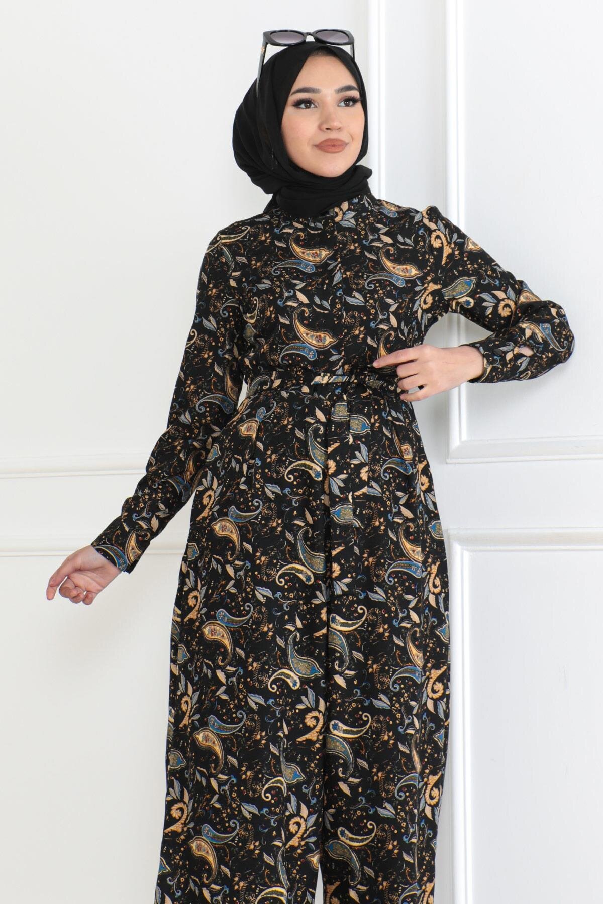 Patterned Modest Jumpsuit - Black - Modamihram
