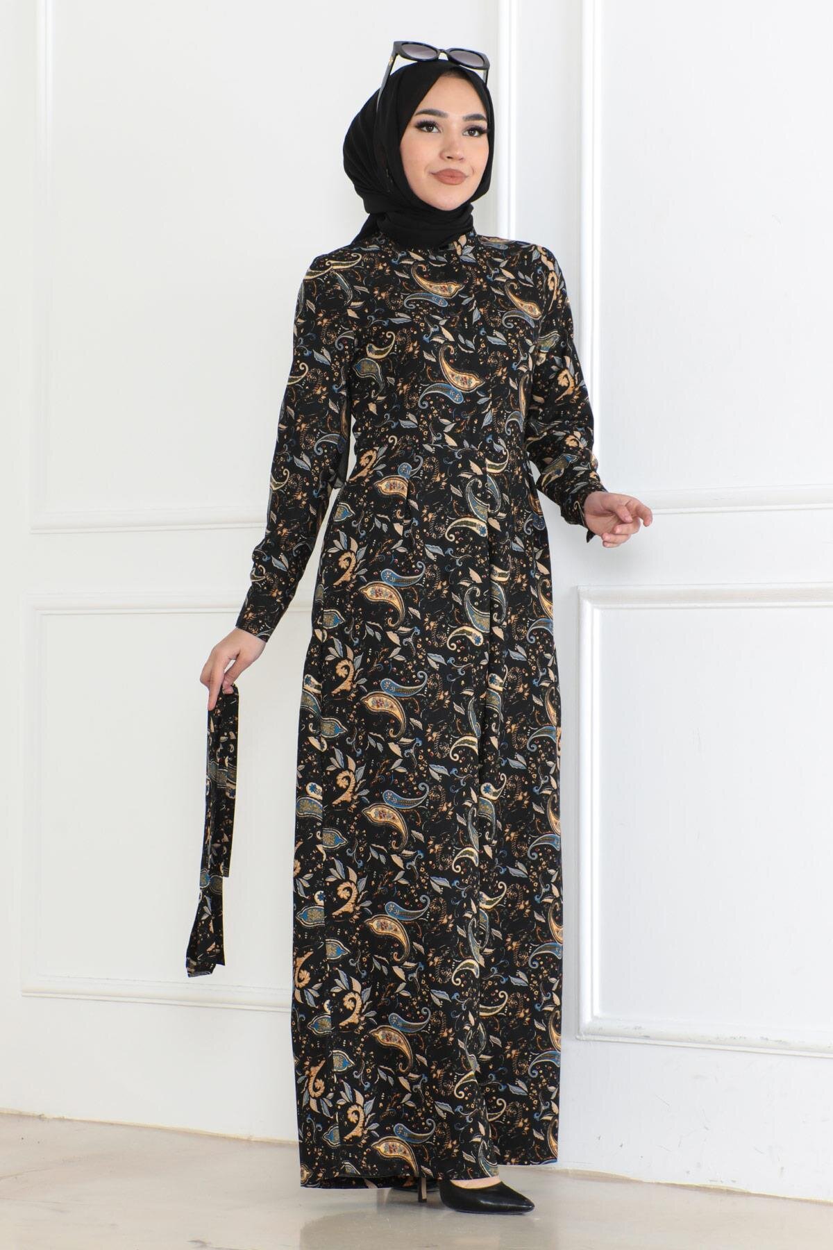 Patterned Modest Jumpsuit - Black - Modamihram