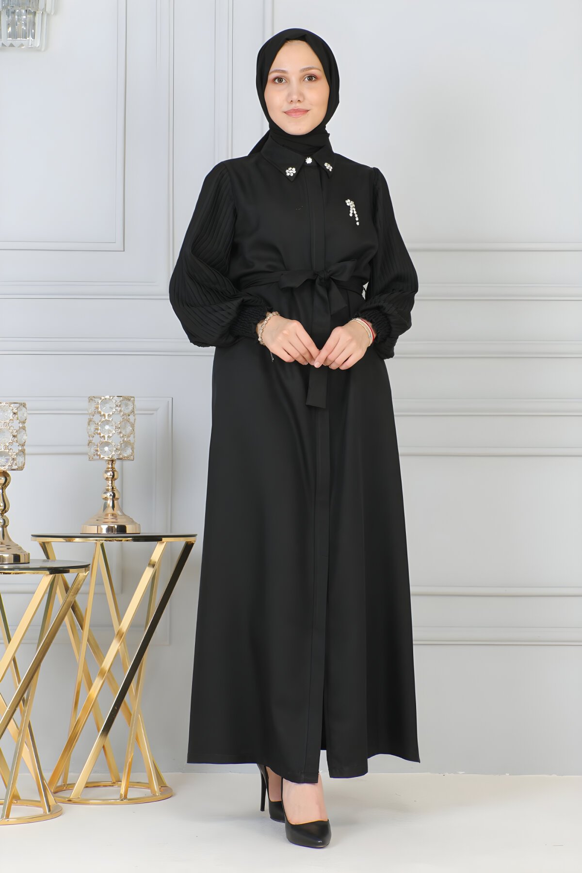 Stone-Detailed Zippered Abaya - Black - Modamihram