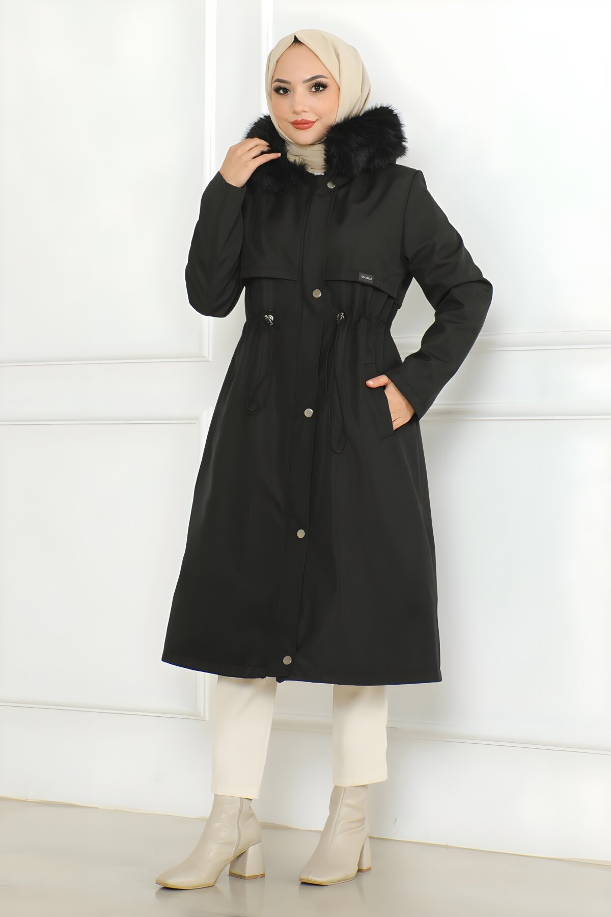 Siyah Gizli Fermuarlı Kapüşonlu Mont - Modamihram