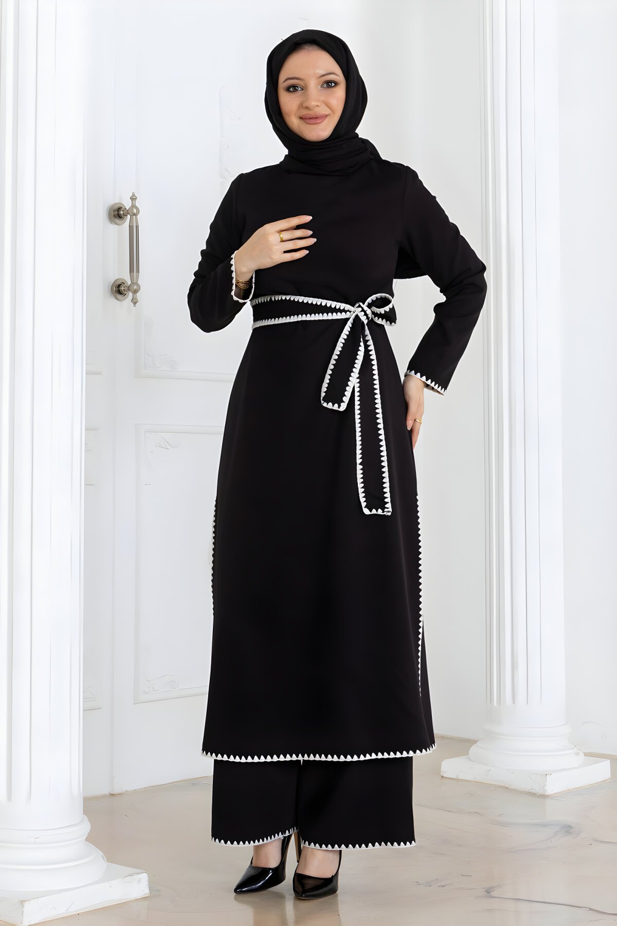 Two-Piece Belted Shepherd-Stitch Modest Set - Black - Modamihram