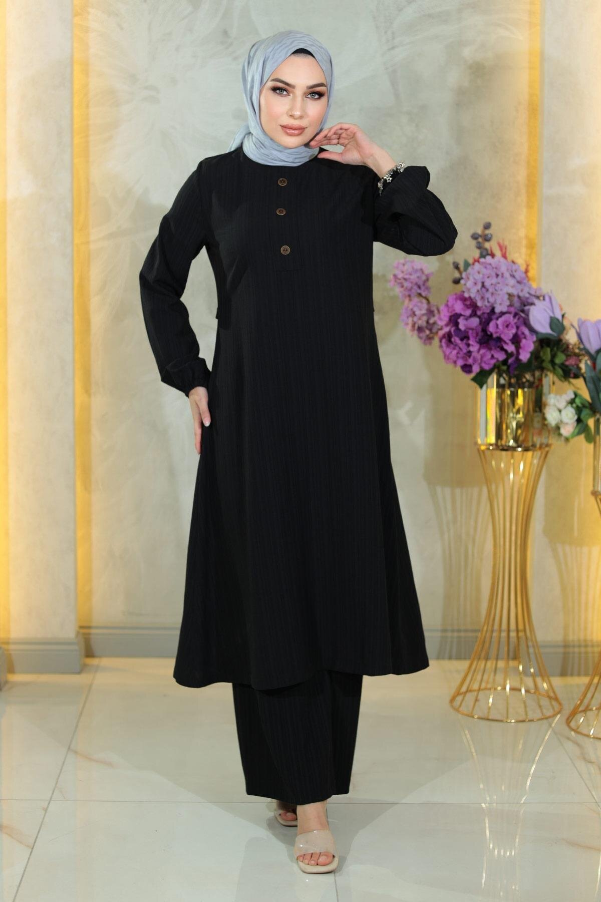 Two-Piece Double-Buttoned Modest Set - Black - Modamihram