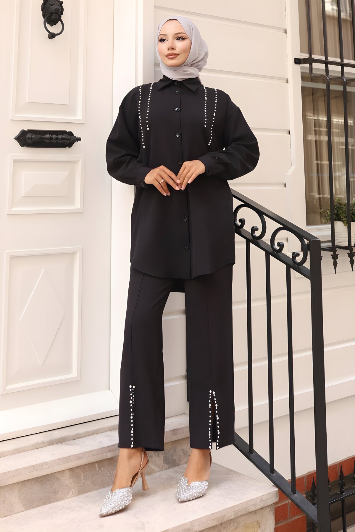طقم محتشم ثنائي أسود بتفاصيل لؤلؤ - Modamihram