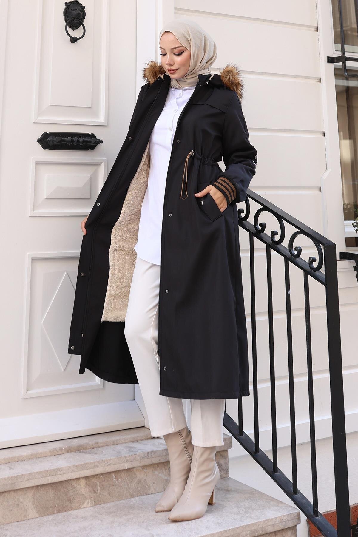 Drawstring Waist Faux Fur Collar Modest Coat - Black - Modamihram