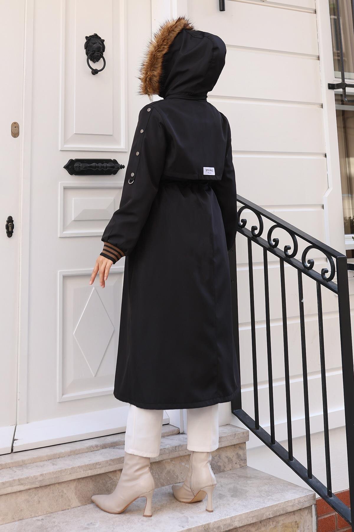 Drawstring Waist Faux Fur Collar Modest Coat - Black - Modamihram