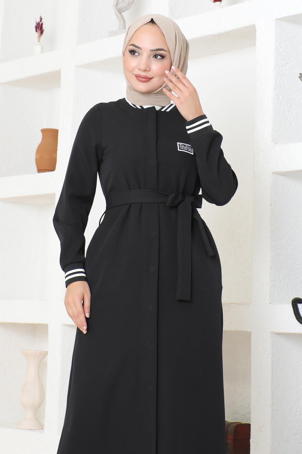 Ribbed Concealed-Button Ferace - Black - Modamihram