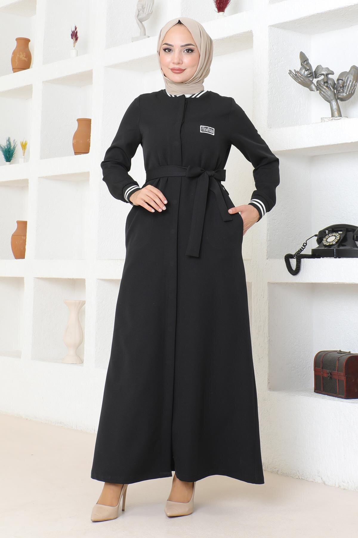 Ribbed Concealed-Button Ferace - Black - Modamihram