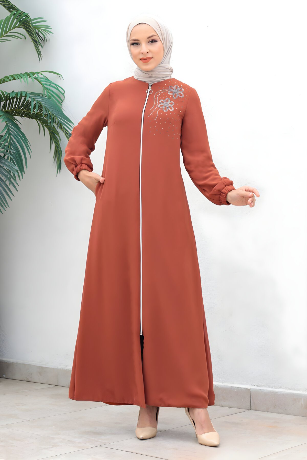 Formal Chiffon Zip-Up Ferace Abaya - Salmon - Modamihram