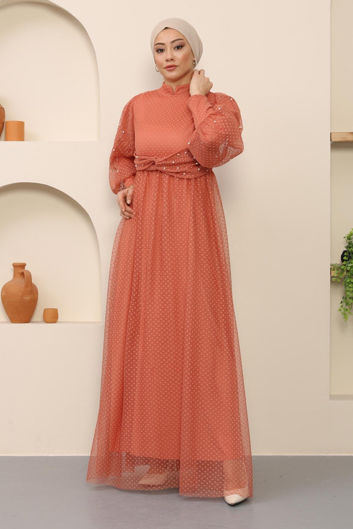 Modest Tulle Pearl-Detailed Evening Dress - Salmon - Modamihram
