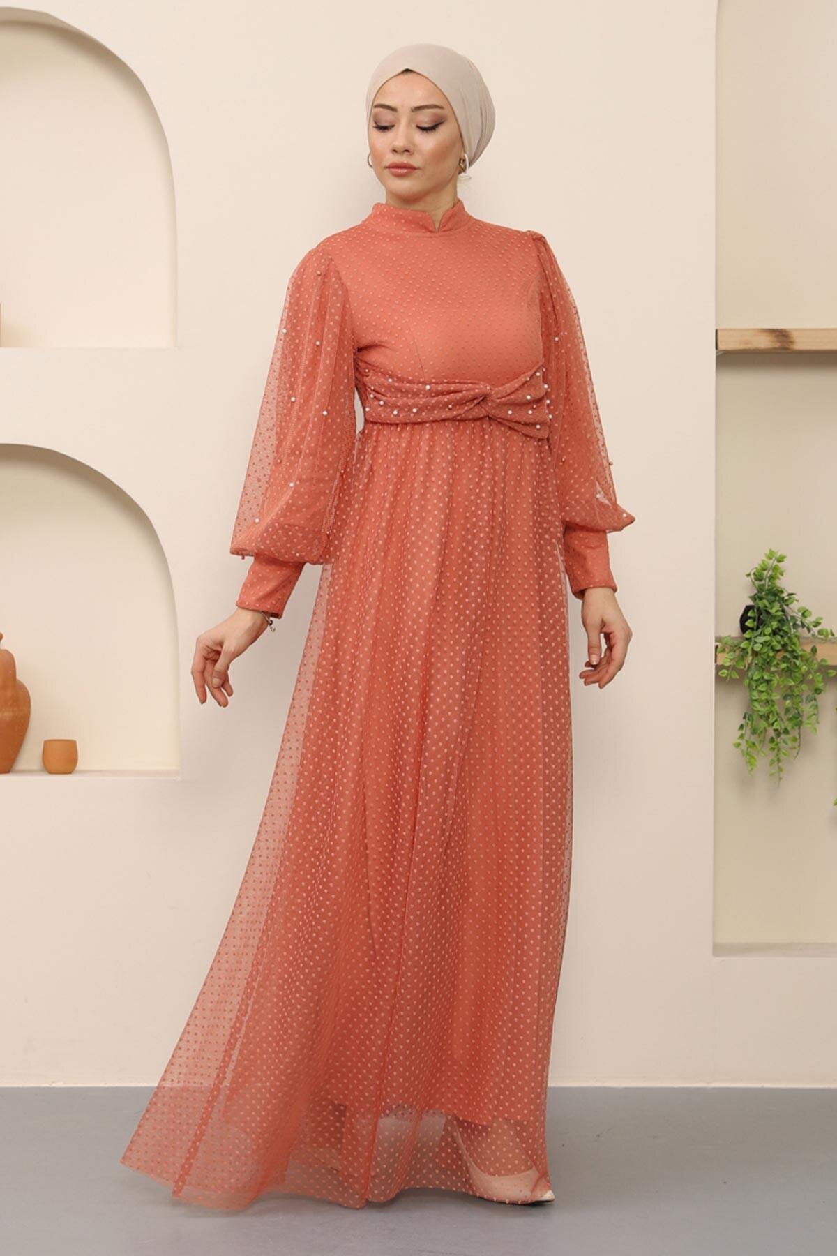 Modest Tulle Pearl-Detailed Evening Dress - Salmon - Modamihram