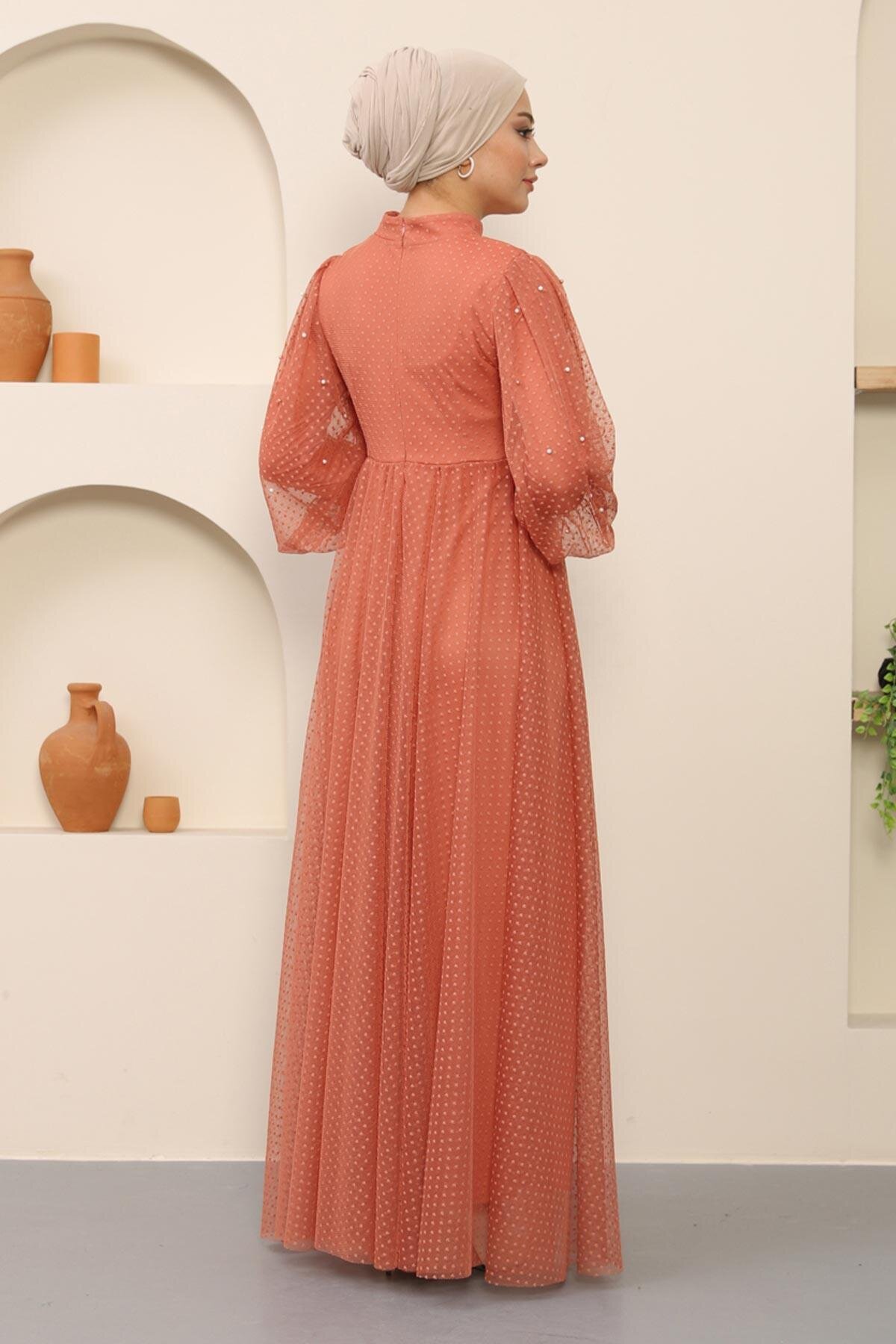 Modest Tulle Pearl-Detailed Evening Dress - Salmon - Modamihram