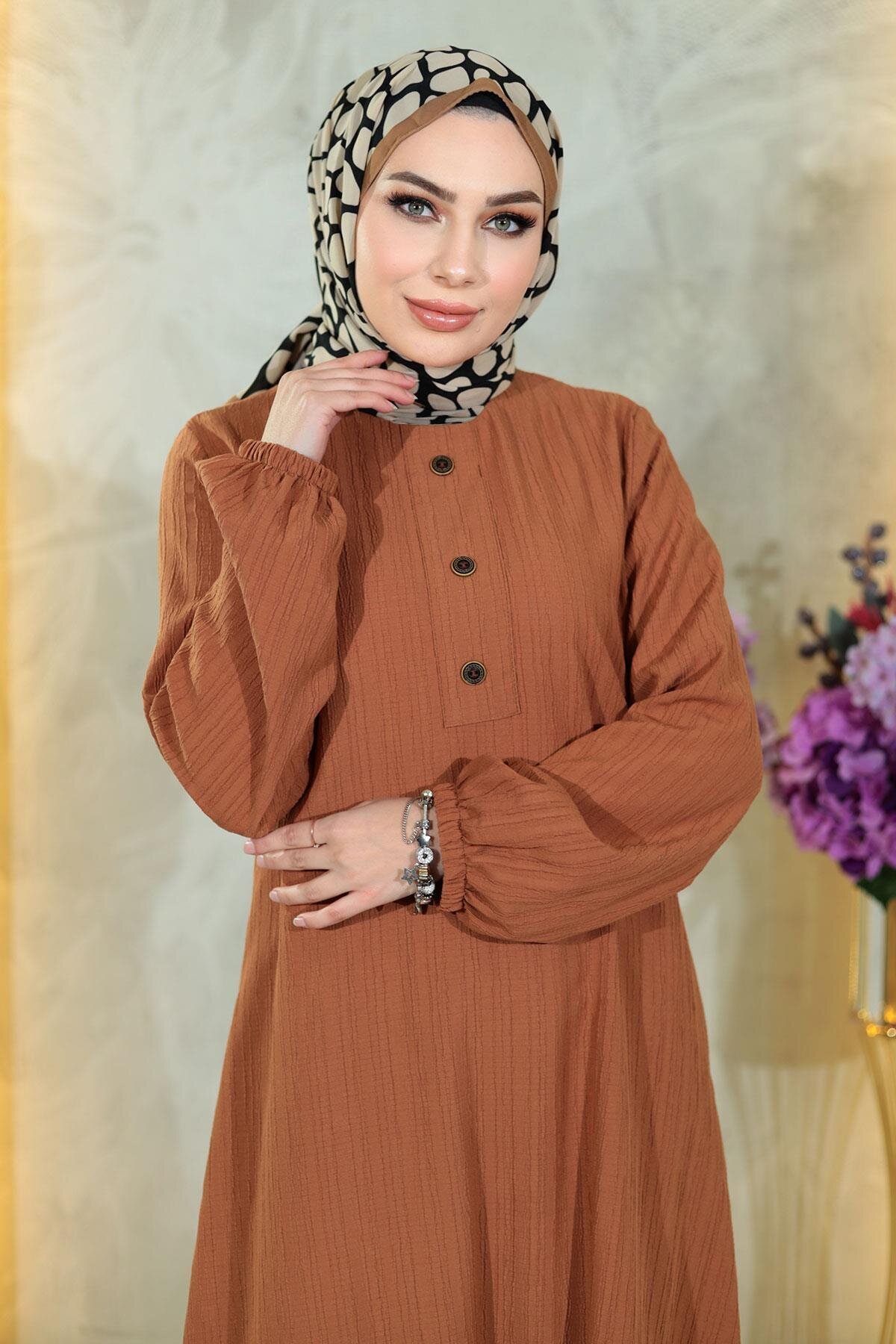 Two-Piece Double-Button Detail Modest Set - Tan - Modamihram
