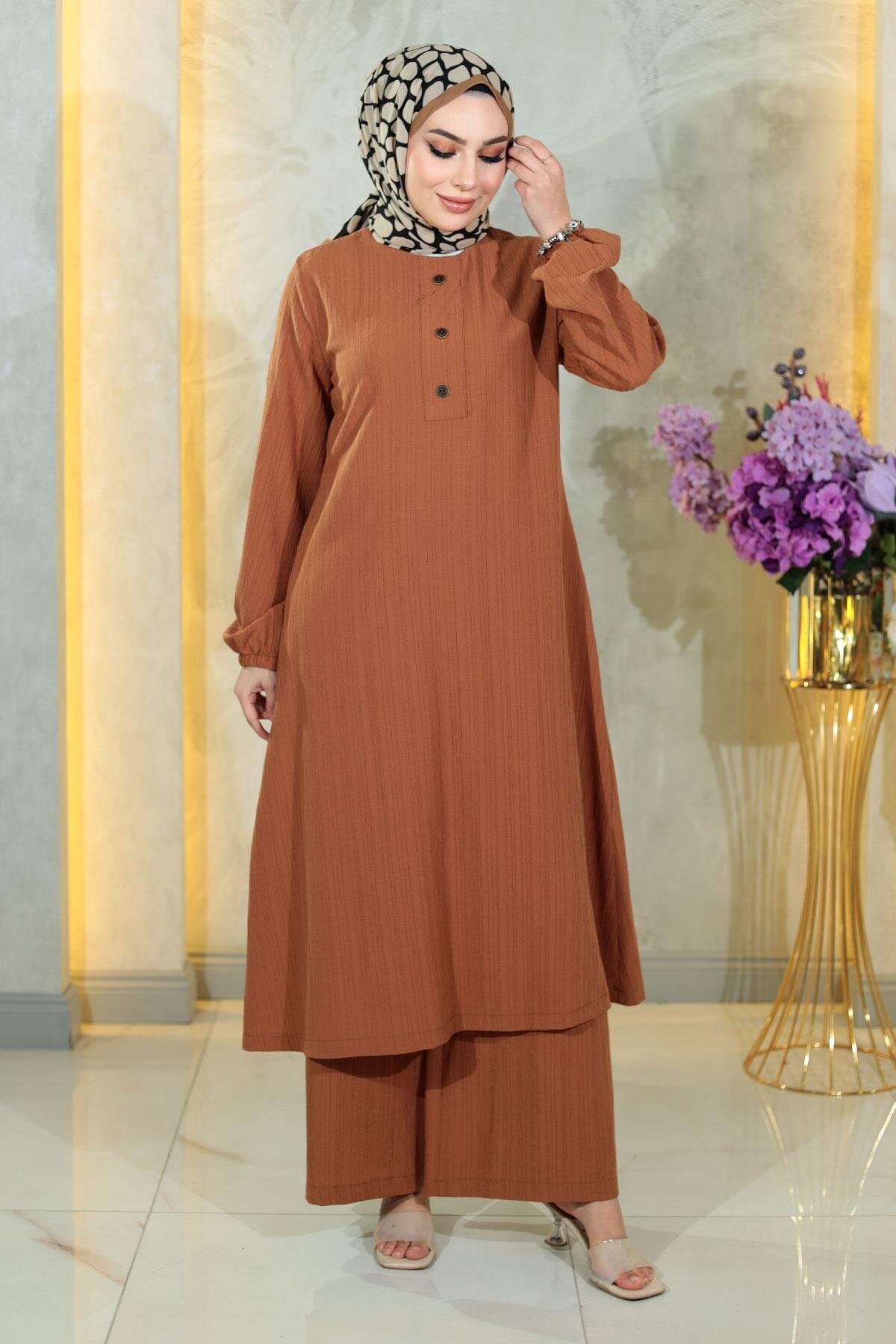 Two-Piece Double-Button Detail Modest Set - Tan - Modamihram