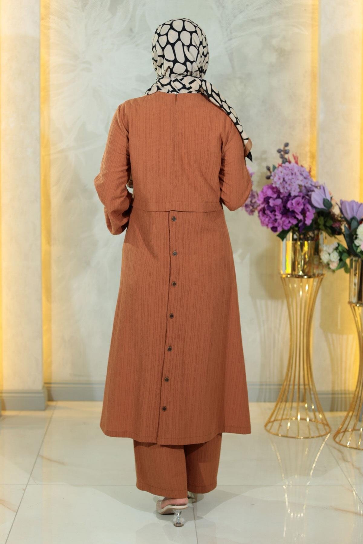 Two-Piece Double-Button Detail Modest Set - Tan - Modamihram