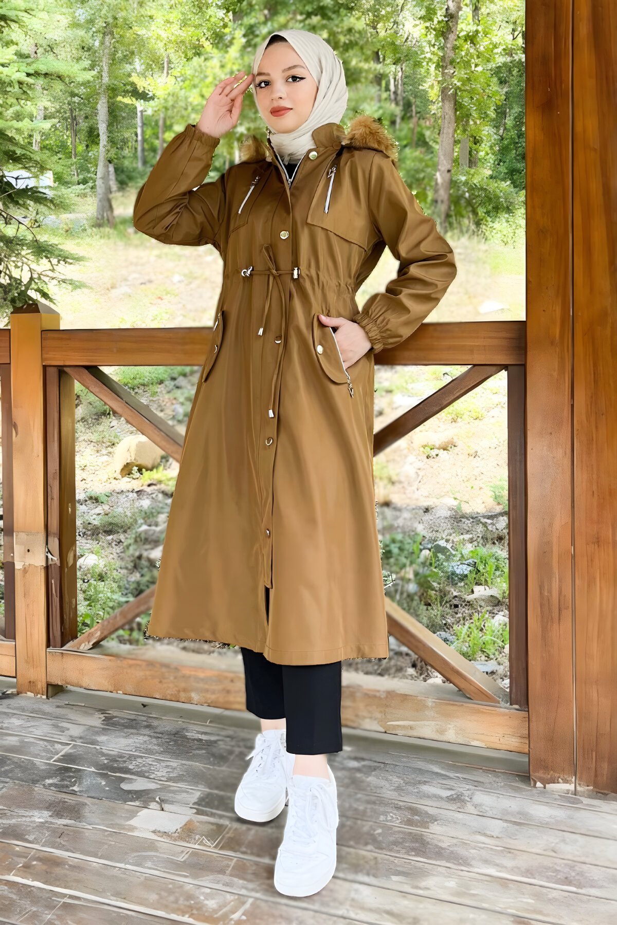 Taba Kapüşonlu Fermuarlı Mont - Modamihram