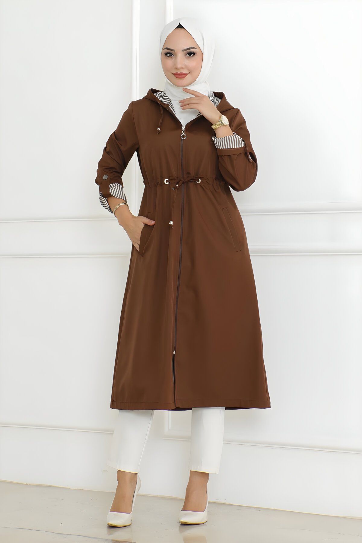 Taba Kapüşonlu Fermuarlı Trençkot - Modamihram