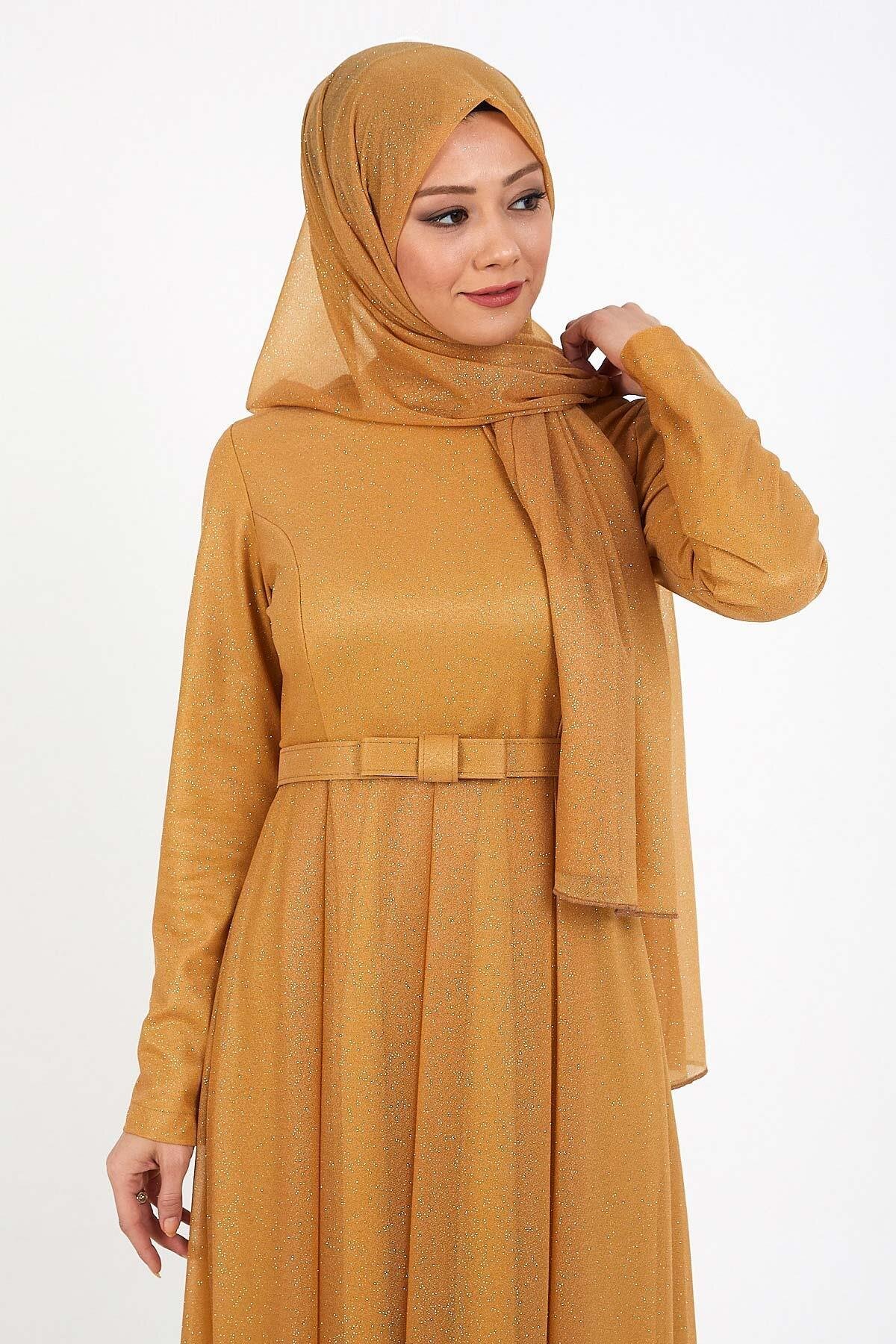 Pleated Shimmery Modest Evening Dress - Tan - Modamihram