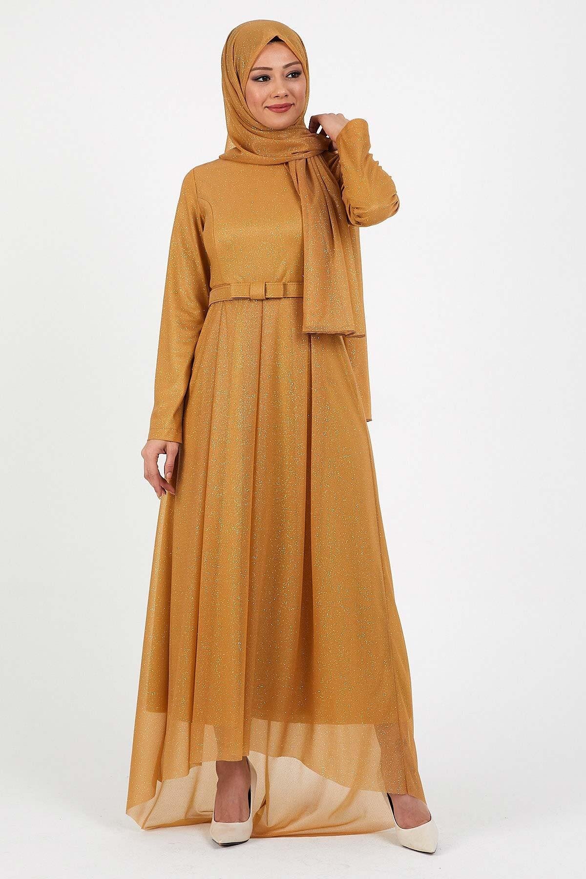 Pleated Shimmery Modest Evening Dress - Tan - Modamihram