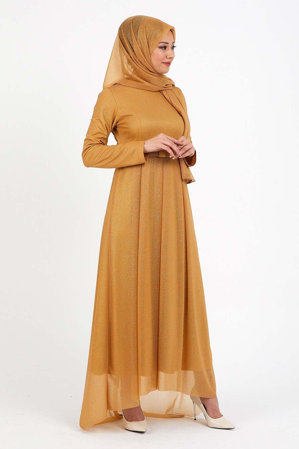 Pleated Shimmery Modest Evening Dress - Tan - Modamihram