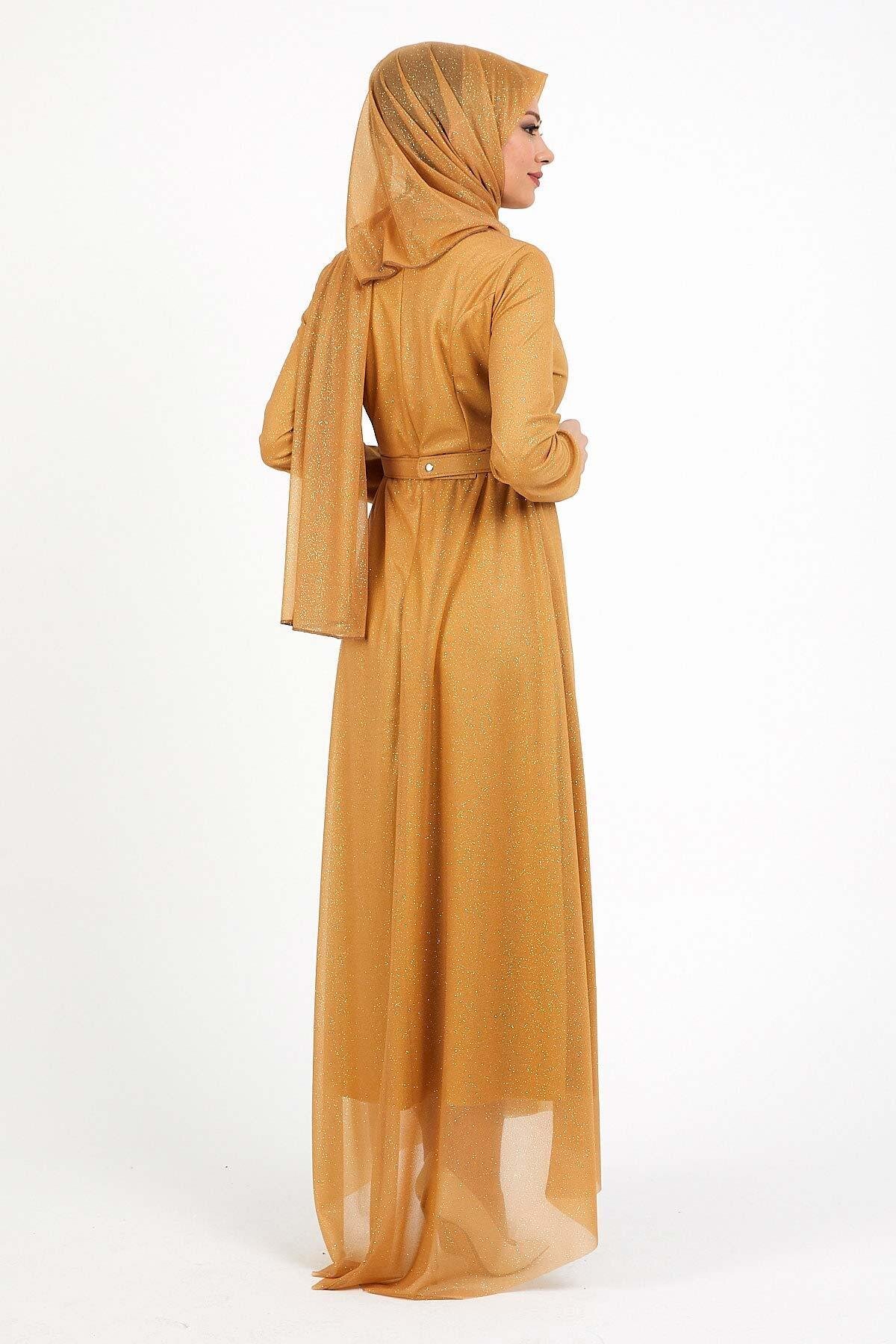 Pleated Shimmery Modest Evening Dress - Tan - Modamihram