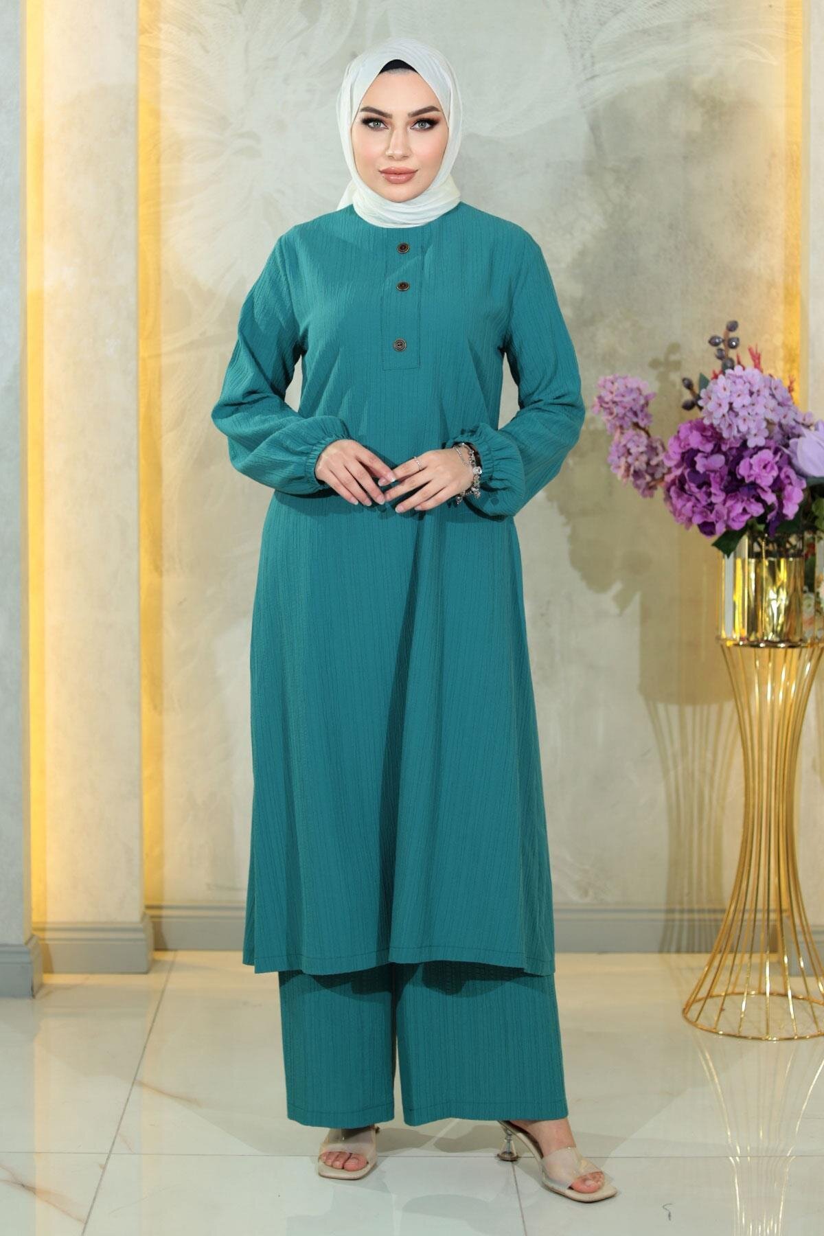 Two-Button Modest Set - Turquoise - Modamihram