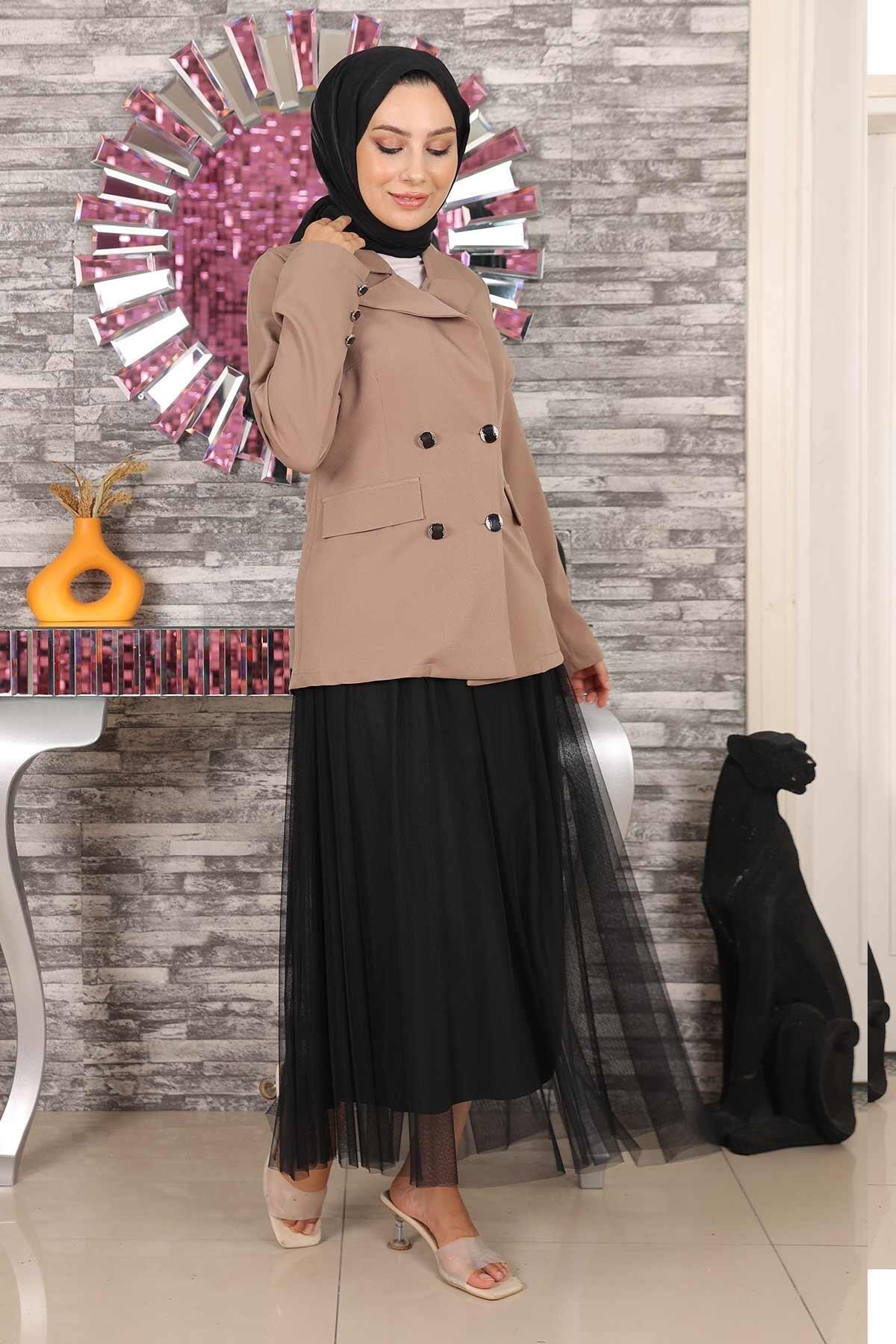 Two-Piece Tulle Modest Set with Jacket - Taupe - Modamihram