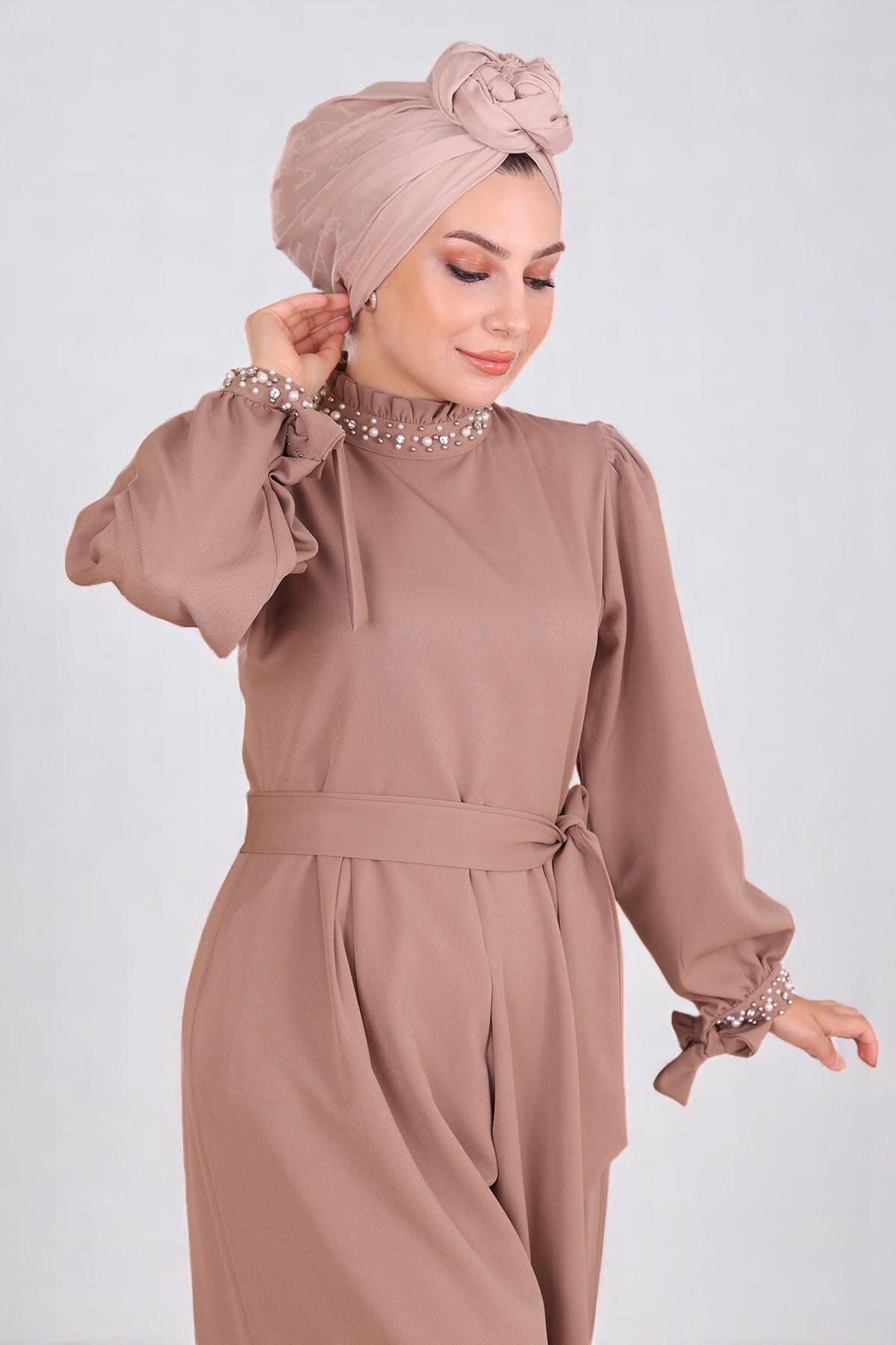 Pearl-Detail Modest Jumpsuit - Mink - Modamihram