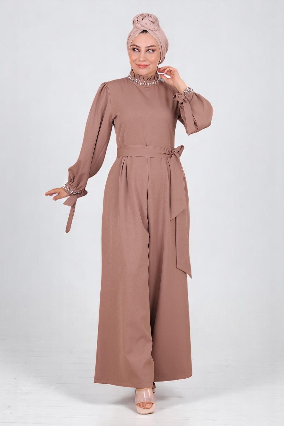 Pearl-Detail Modest Jumpsuit - Mink - Modamihram