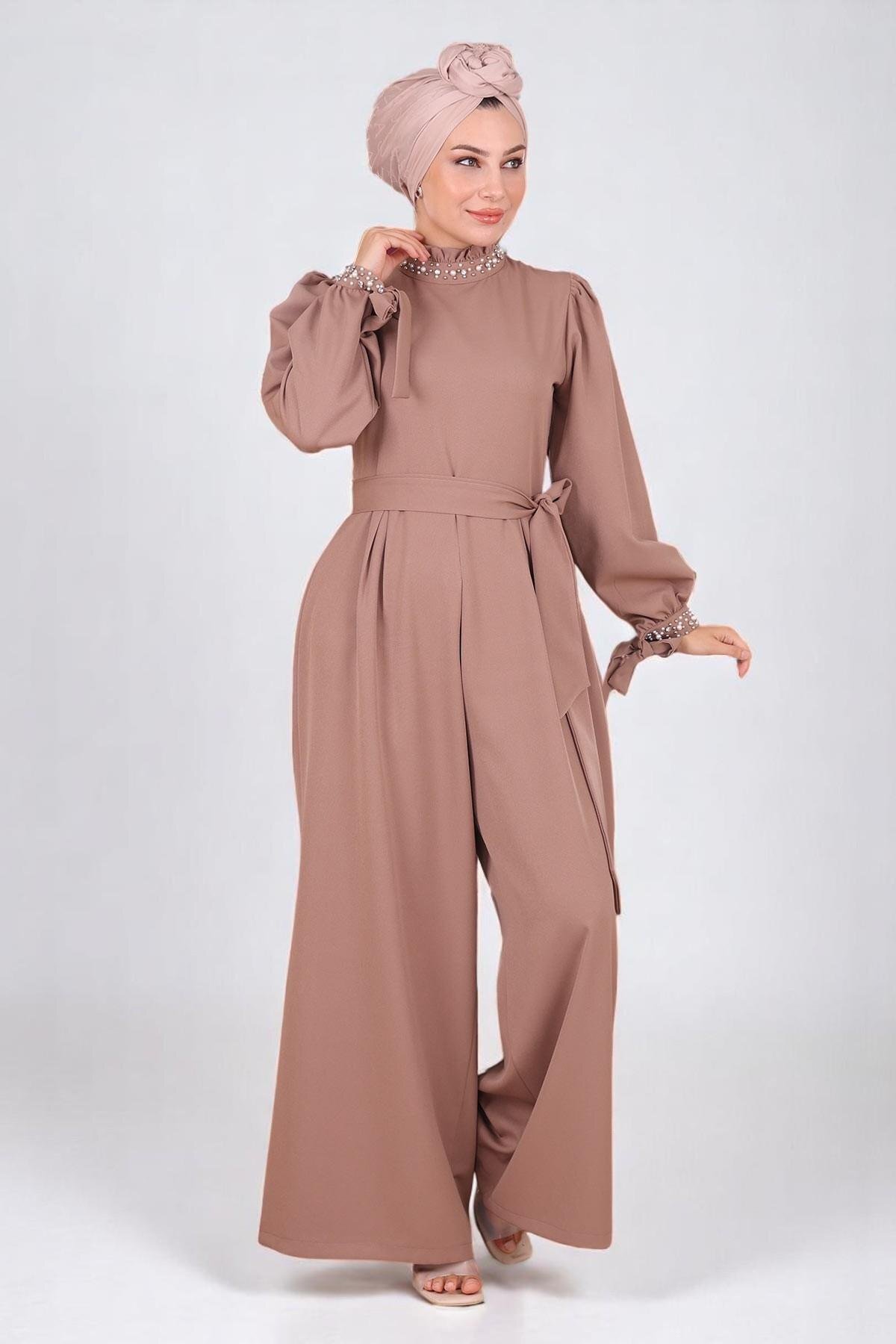 Pearl-Detail Modest Jumpsuit - Mink - Modamihram