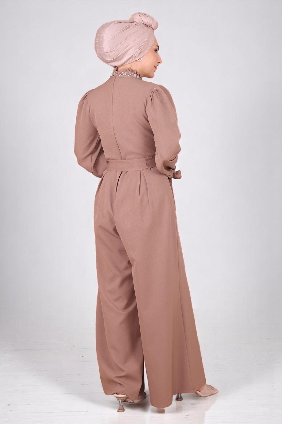 Pearl-Detail Modest Jumpsuit - Mink - Modamihram