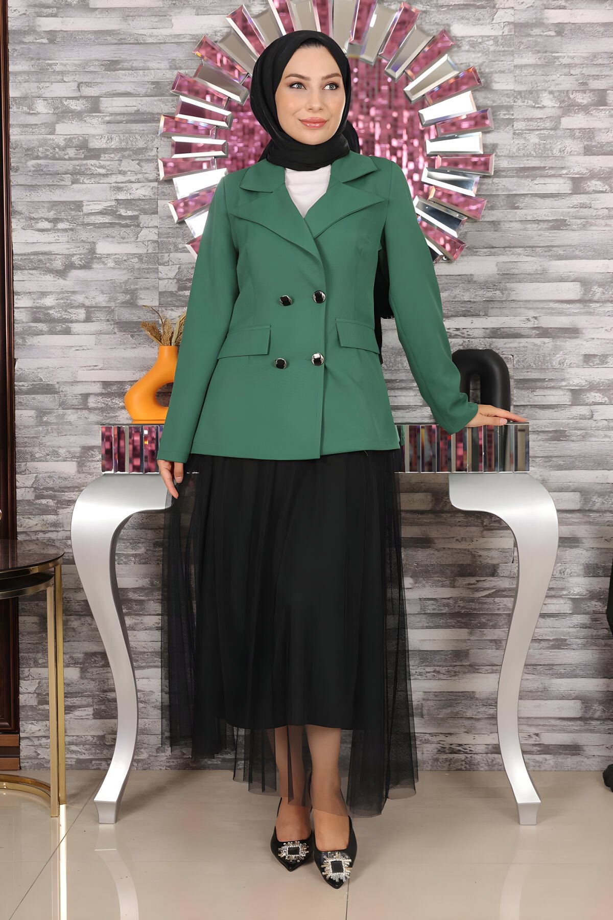 Zümrüt İkili Ceketli Tül Etekli Tesettür Takım - Modamihram
