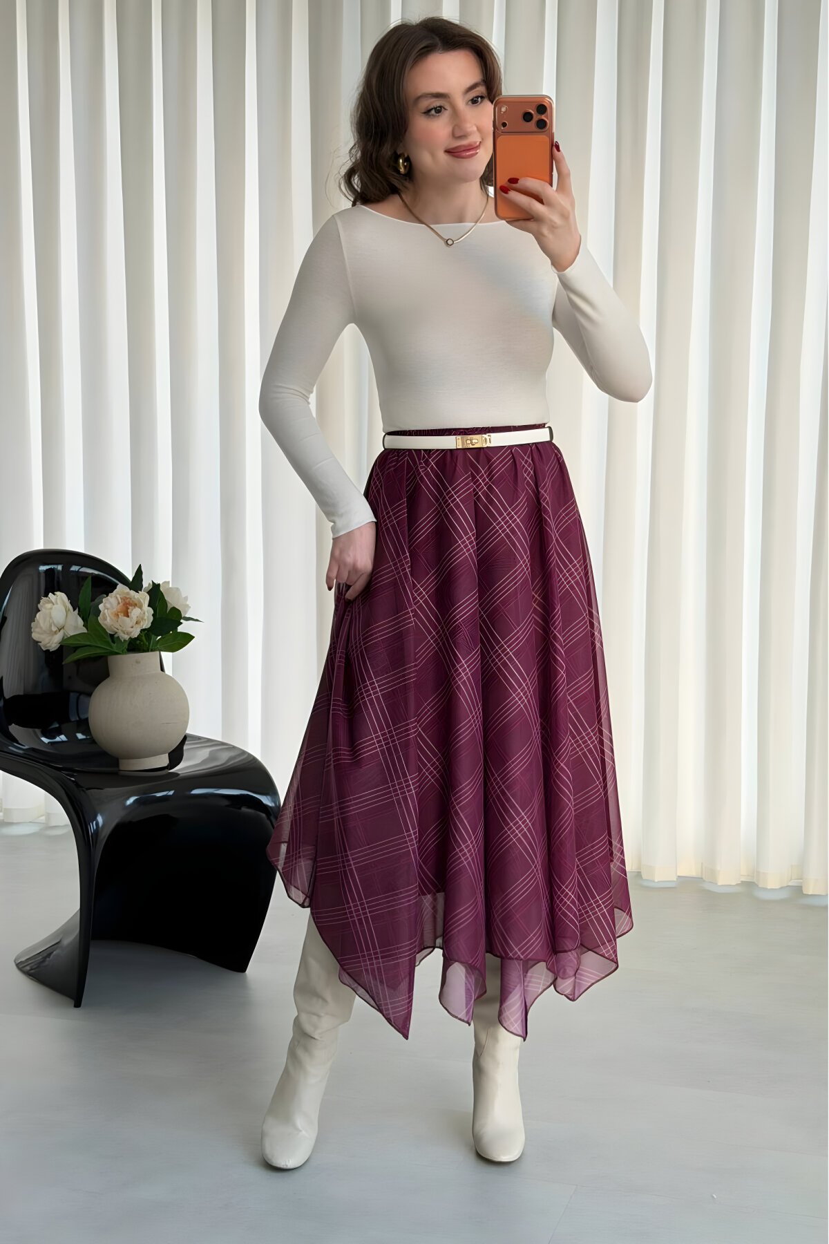 Bordo Ekose Desenli Asimetrik Kesim Tesettür Etek - MOZENA