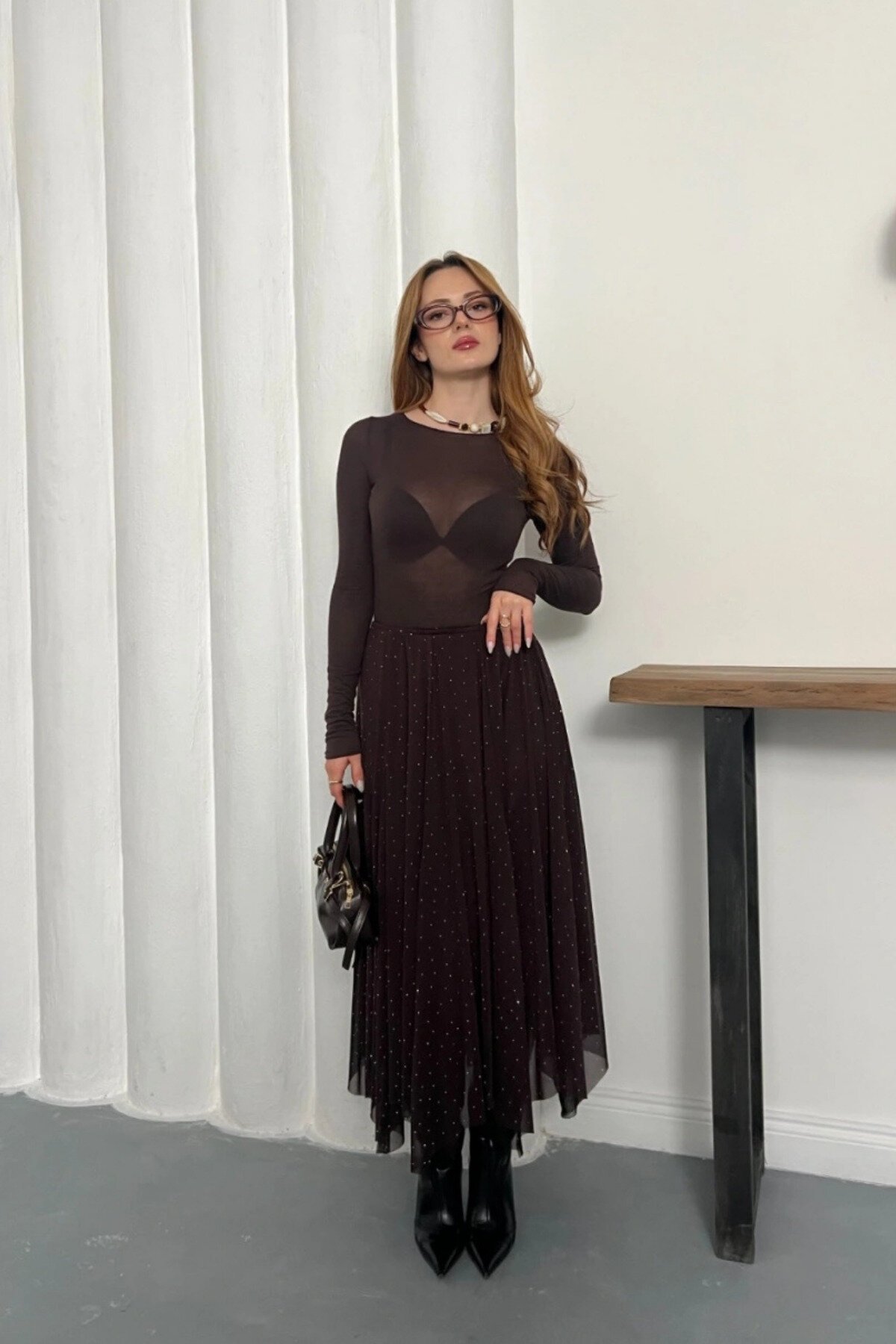 Asymmetric Chiffon Elastic-Waist Skirt - Brown - MOZENA