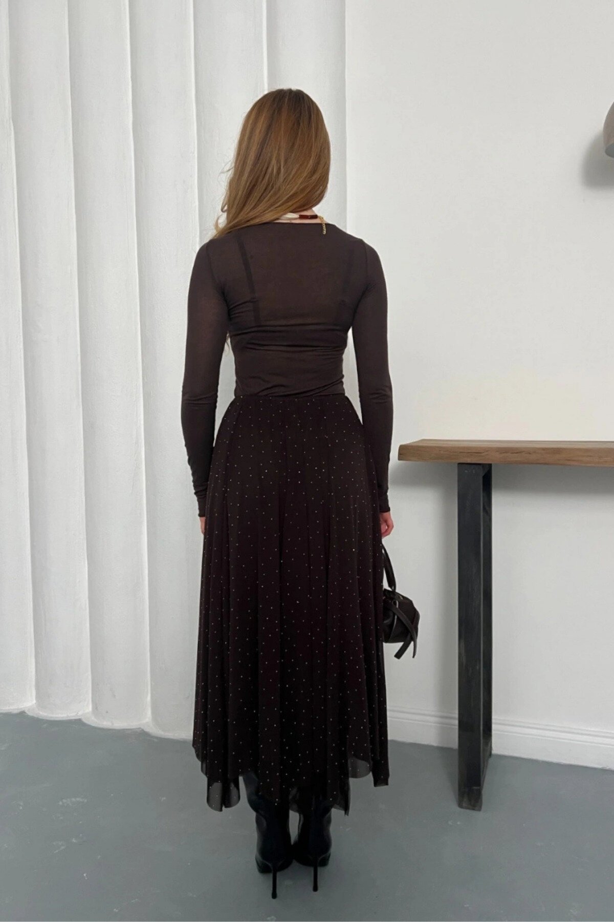 Asymmetric Chiffon Elastic-Waist Skirt - Brown - MOZENA