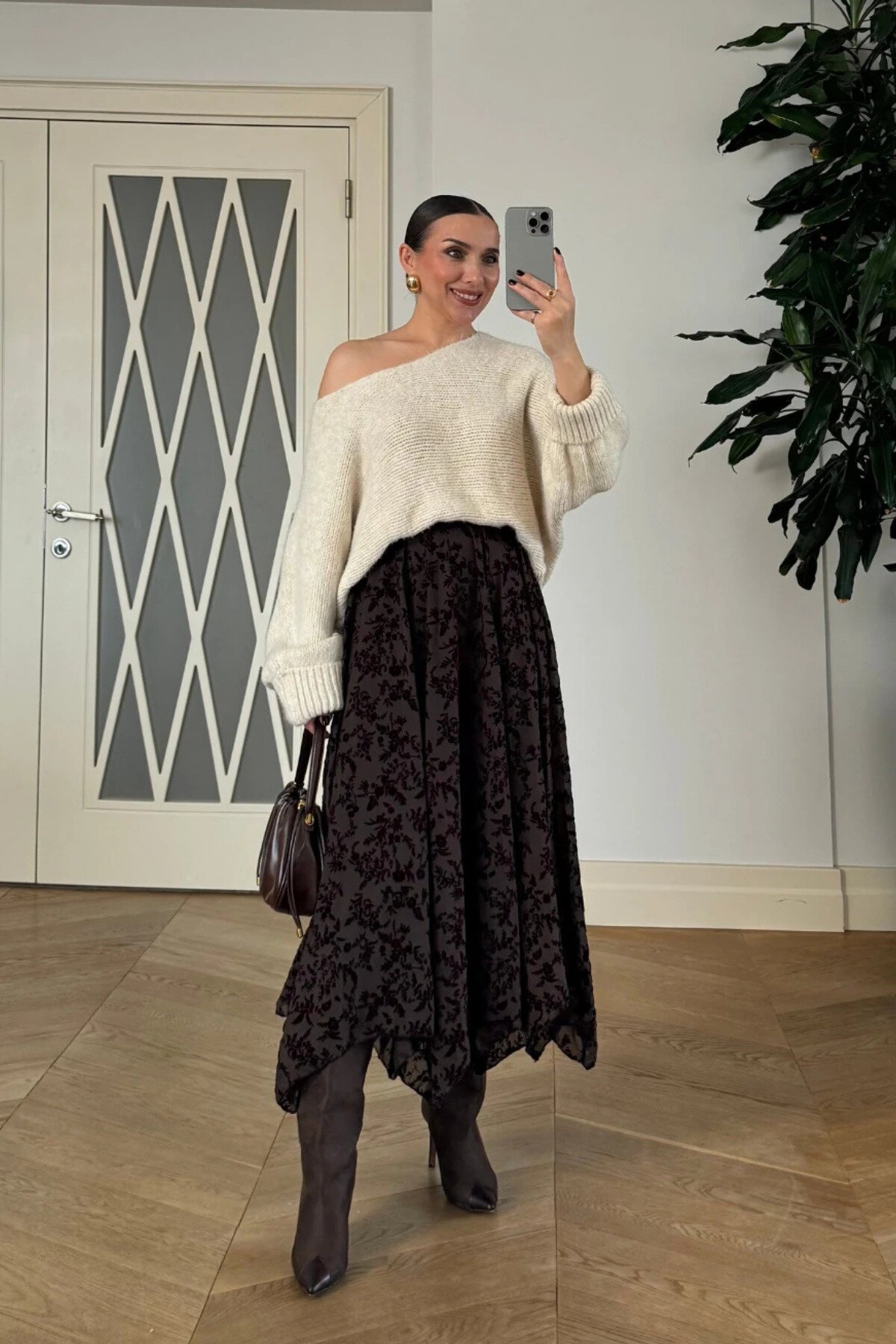 Midi Asymmetric Floral Patterned Modest Skirt - Brown - MOZENA