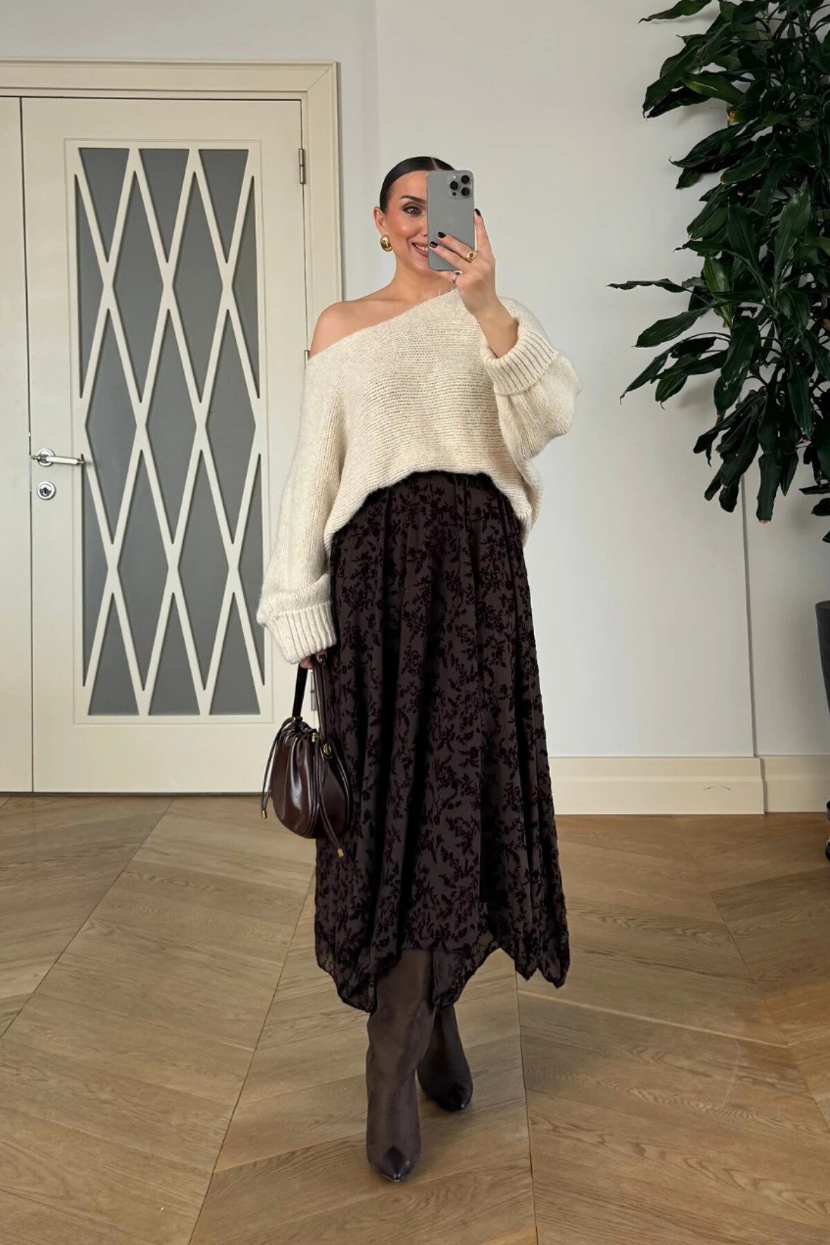 Midi Asymmetric Floral Patterned Modest Skirt - Brown - MOZENA