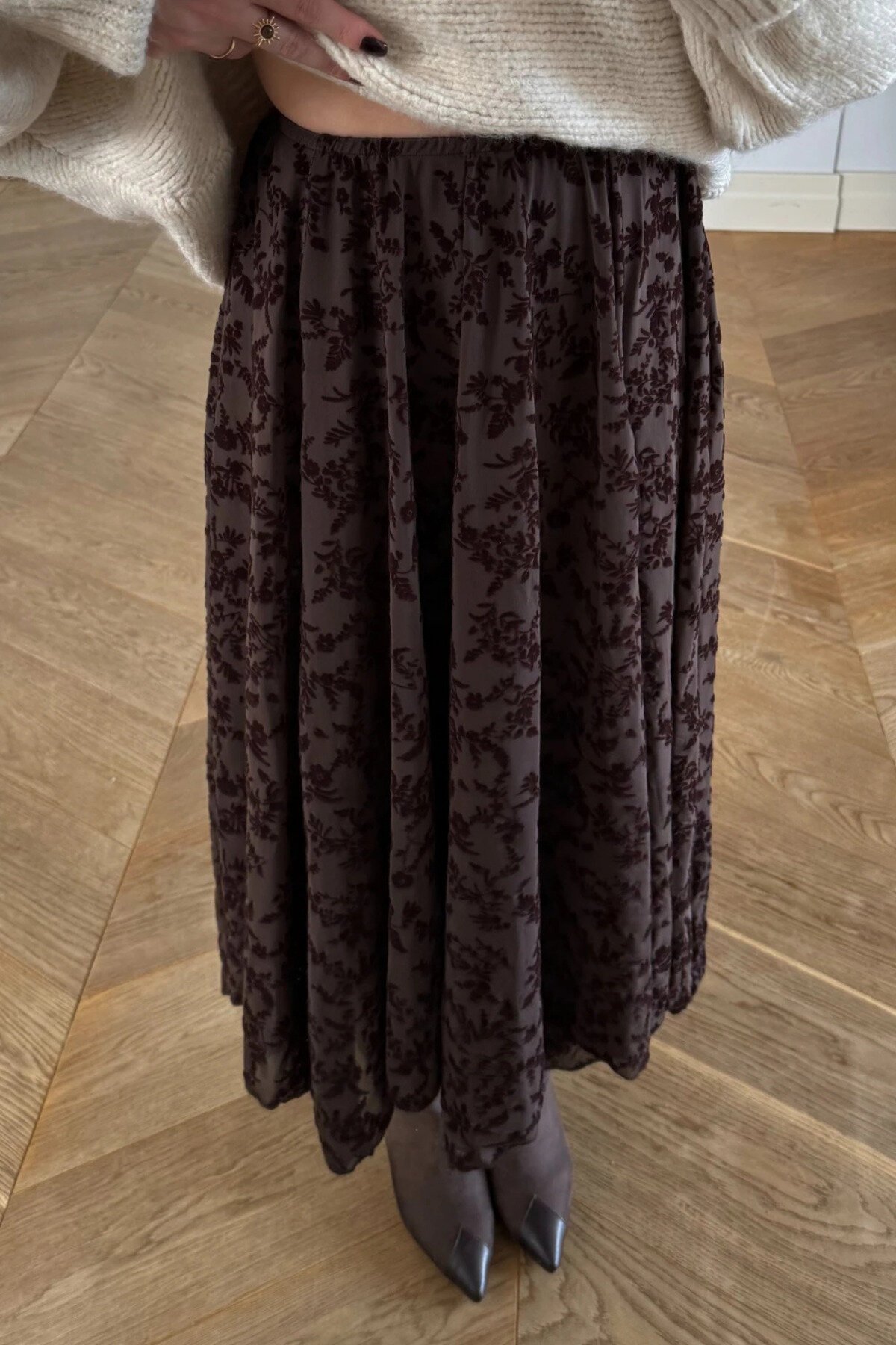 Midi Asymmetric Floral Patterned Modest Skirt - Brown - MOZENA