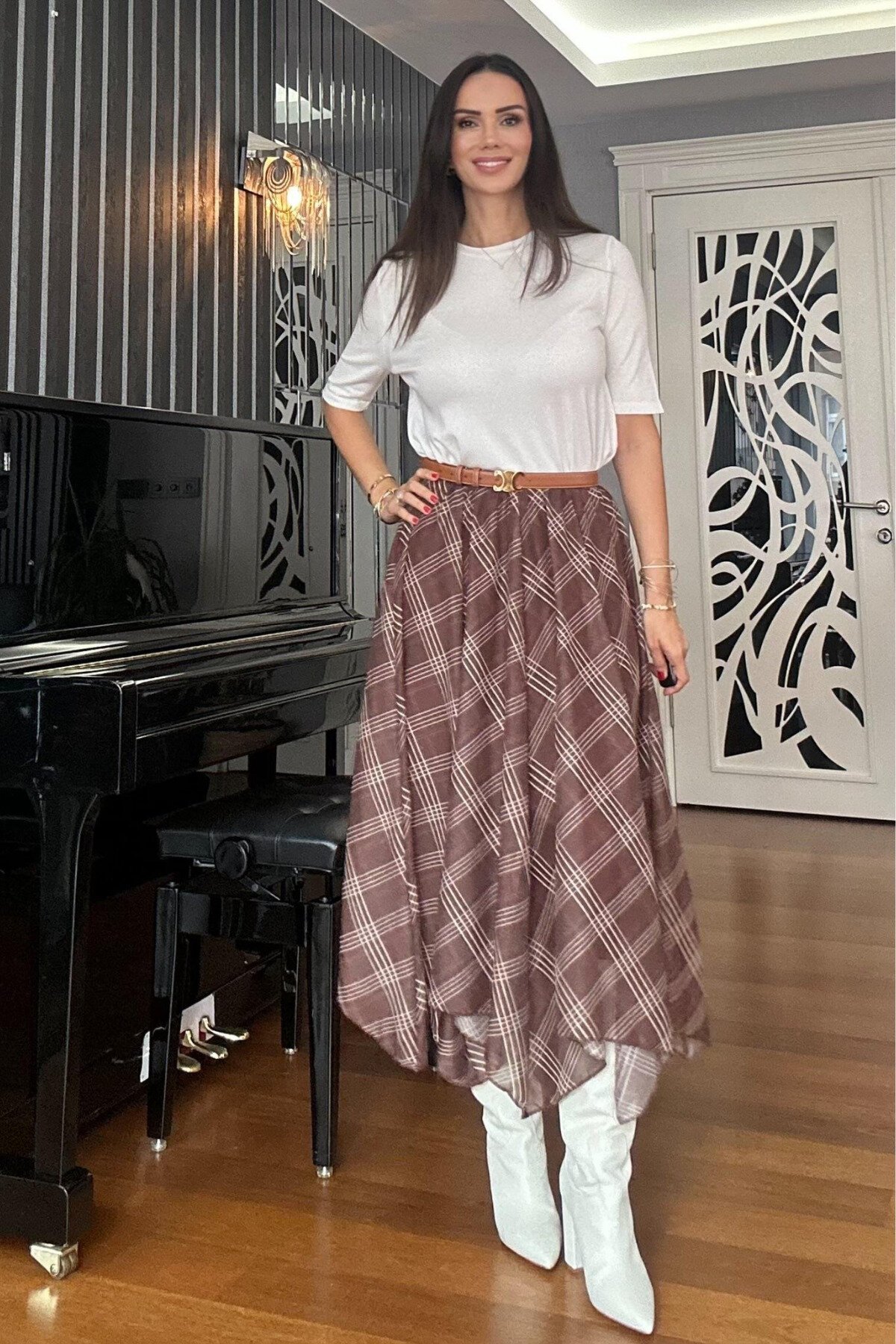 Asymmetrical Plaid Chiffon Elastic Waist Modest Skirt - Brown - MOZENA
