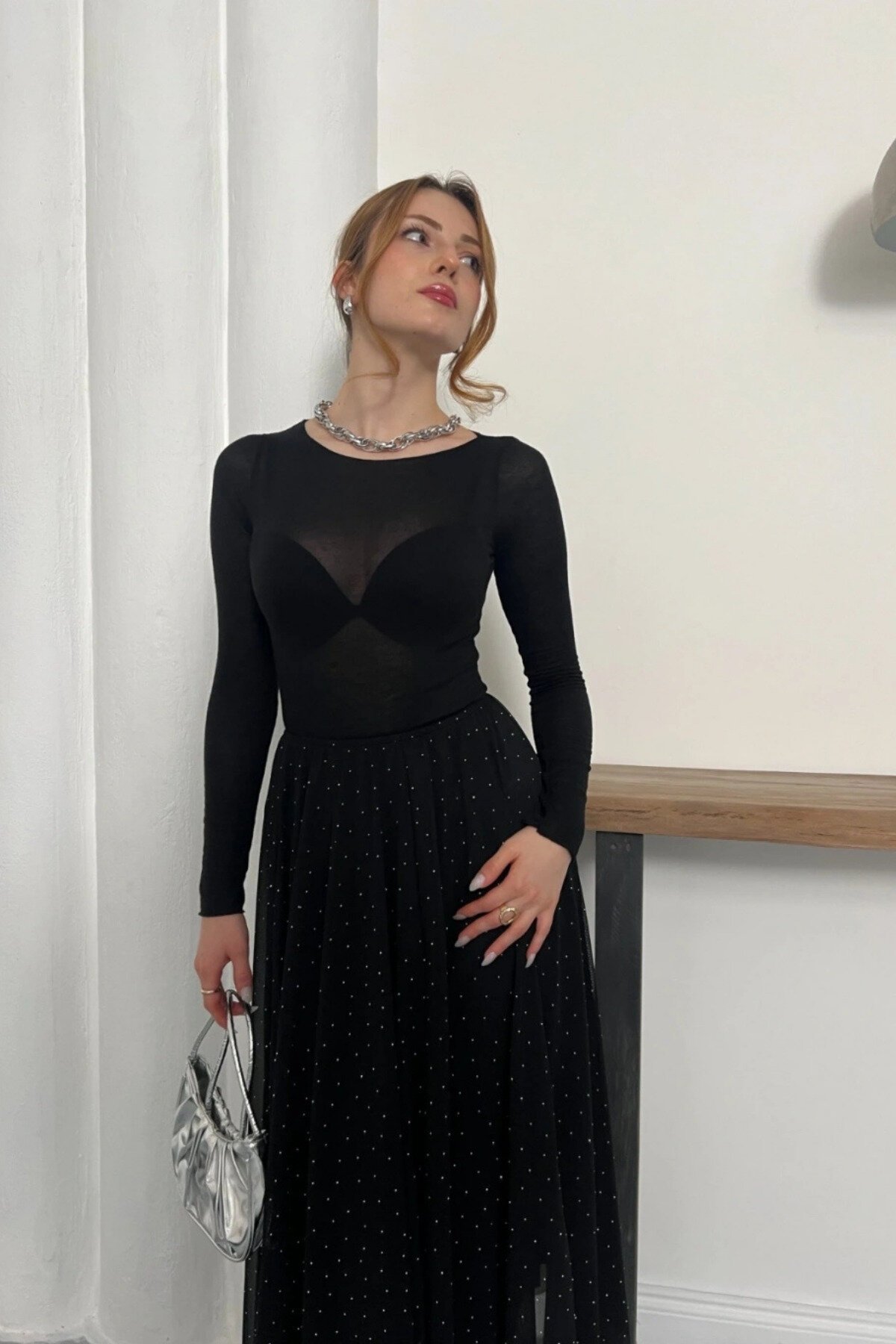 Asymmetrical Chiffon Elastic Waist Stone-Detail Skirt - Black - MOZENA